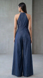 Blue Denim Mirror Work Halter Neck Jumpsuit