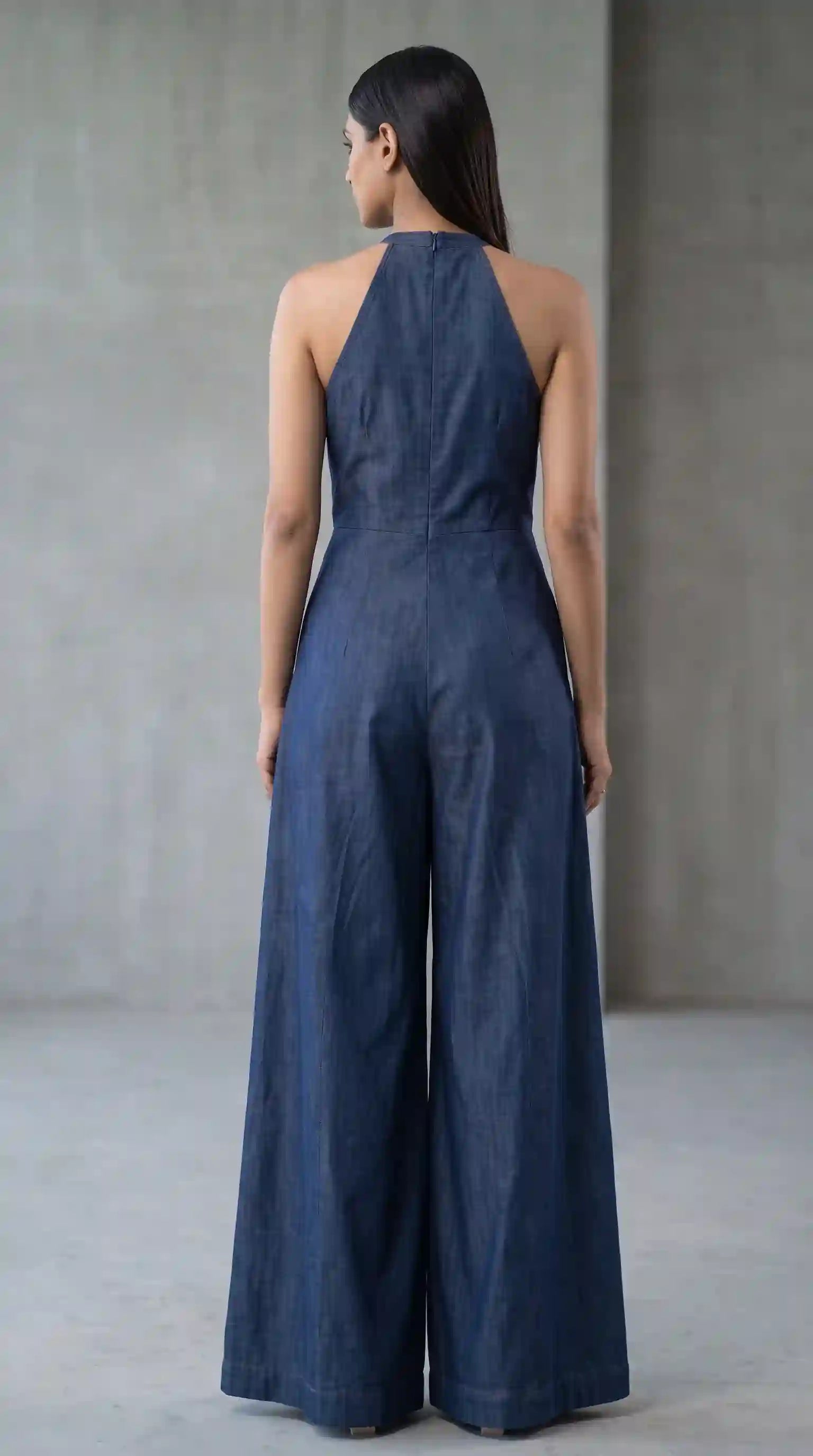 Blue Denim Mirror Work Halter Neck Jumpsuit