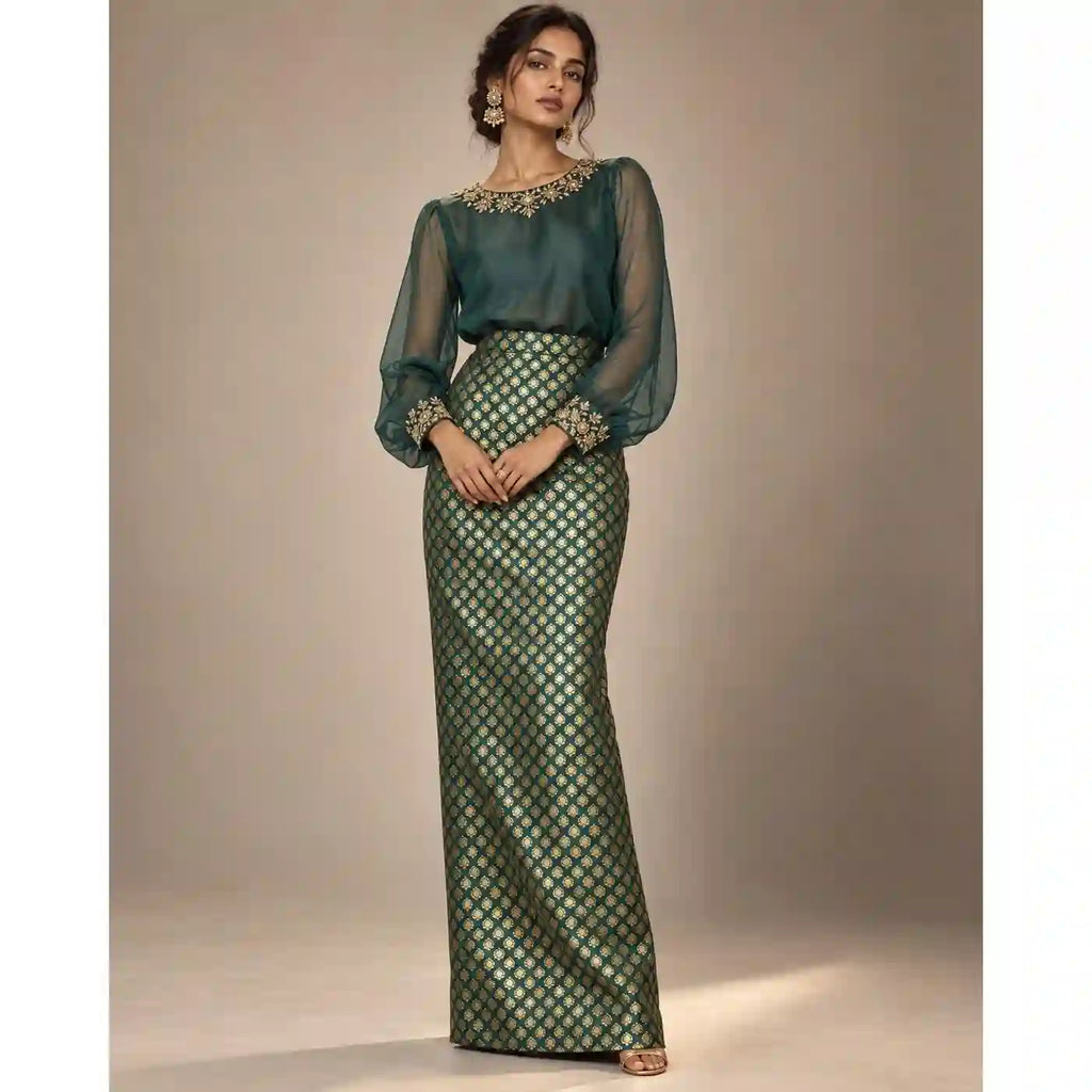 ZAARINI — Green Organza Shirt & Jamavar Brocade Skirt Set