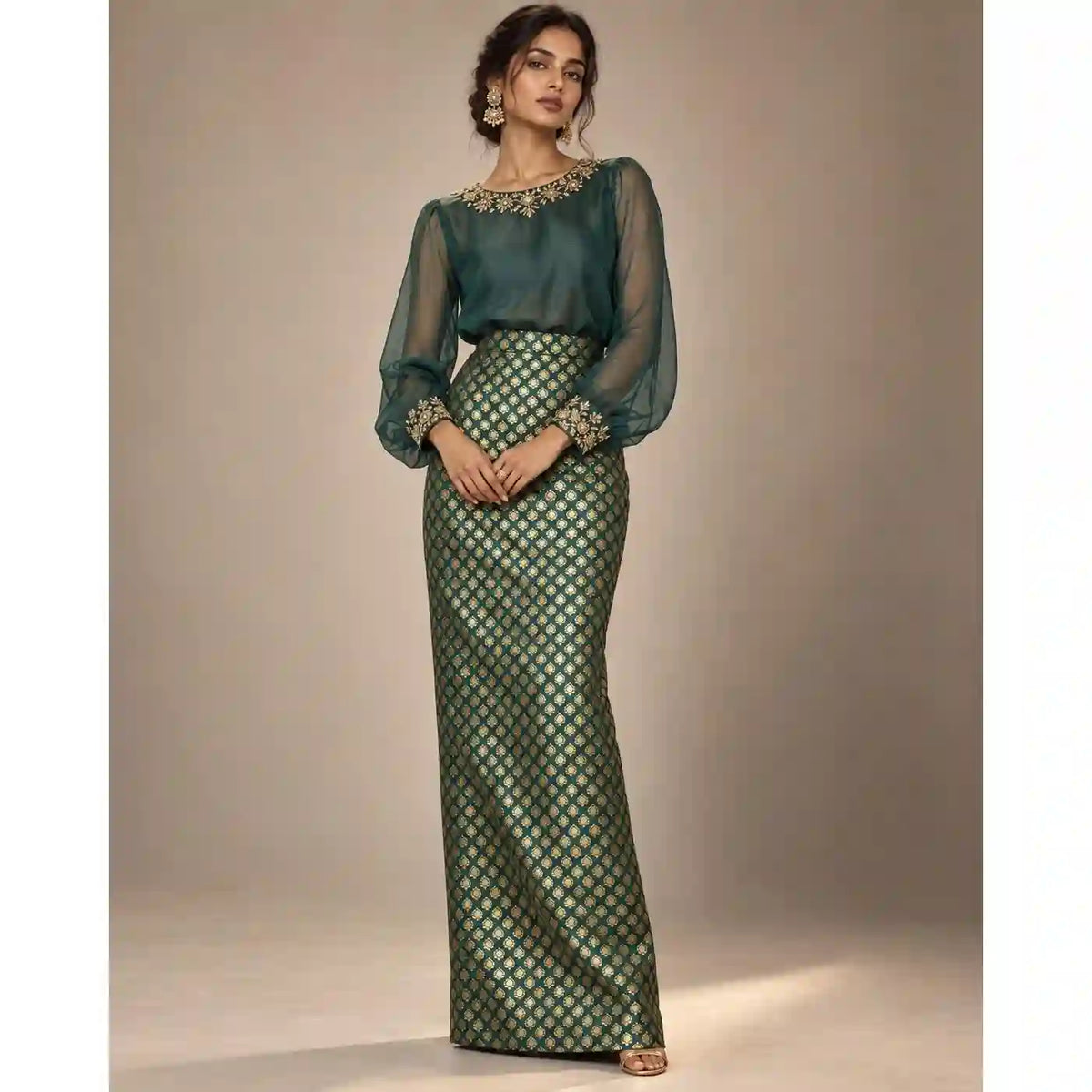 ZAARINI — Green Organza Shirt & Jamavar Brocade Skirt Set