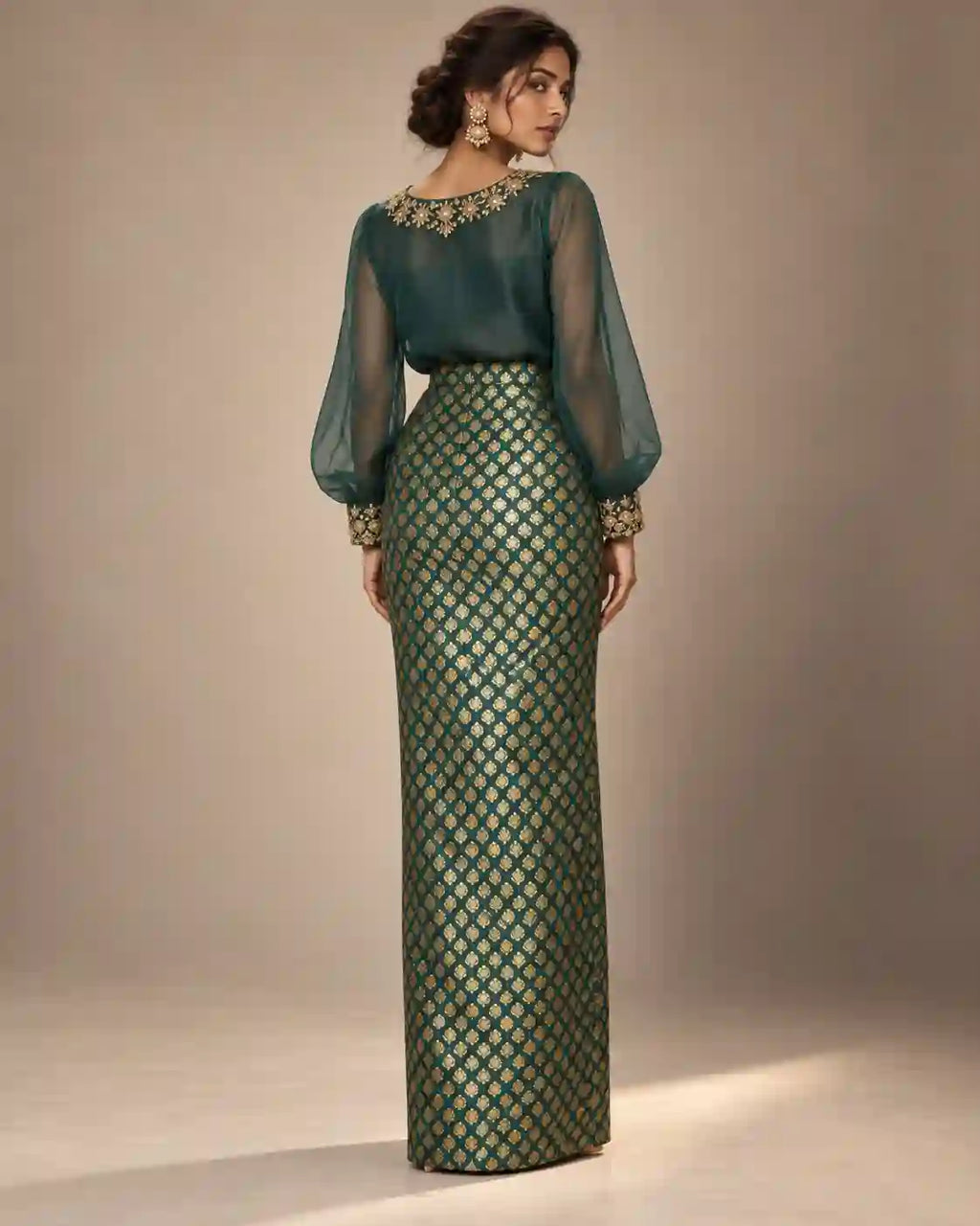 ZAARINI — Green Organza Shirt & Jamavar Brocade Skirt Set