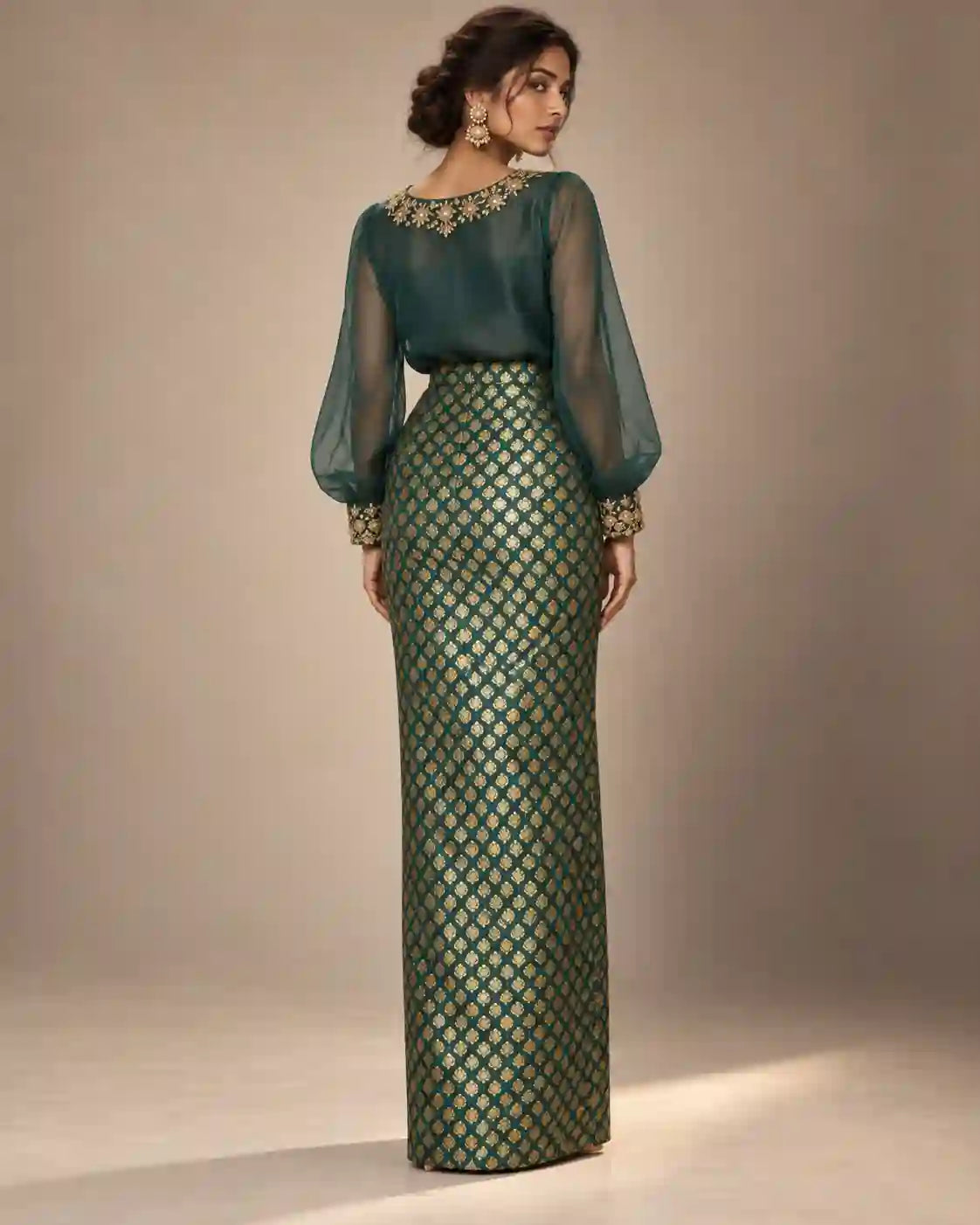 ZAARINI — Green Organza Shirt & Jamavar Brocade Skirt Set