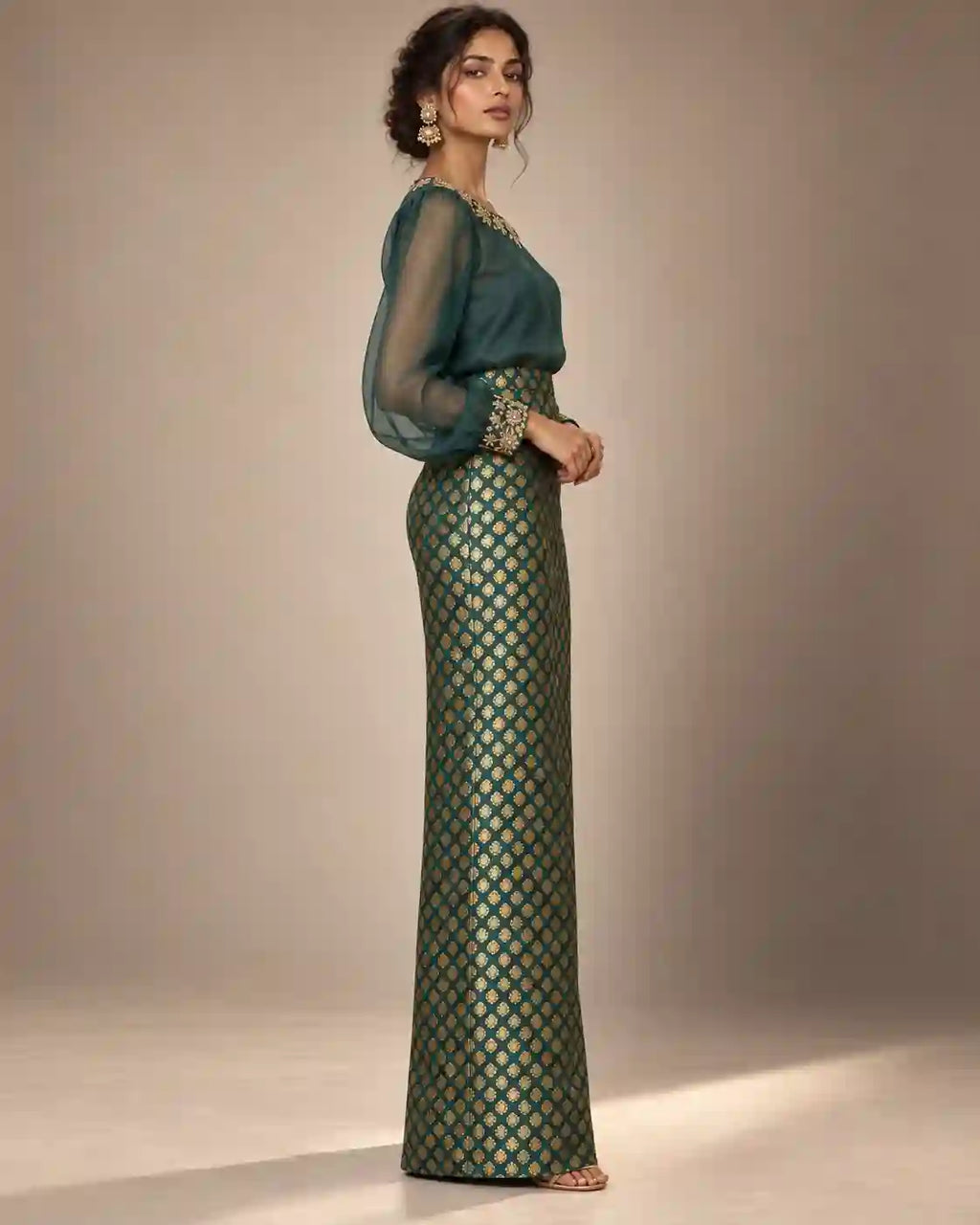 ZAARINI — Green Organza Shirt & Jamavar Brocade Skirt Set