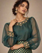 ZAARINI — Green Organza Shirt & Jamavar Brocade Skirt Set — thumbnail 2