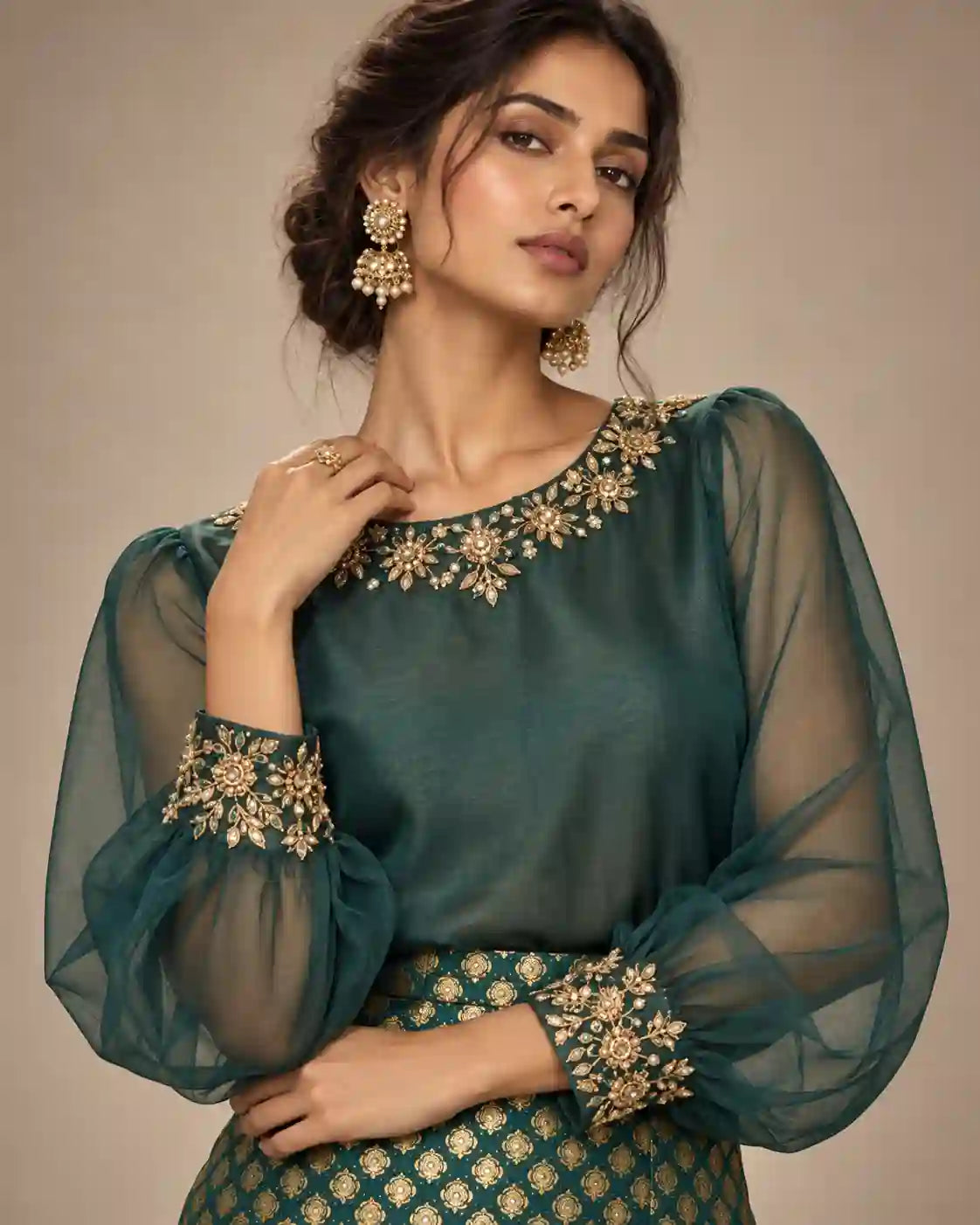 ZAARINI — Green Organza Shirt & Jamavar Brocade Skirt Set