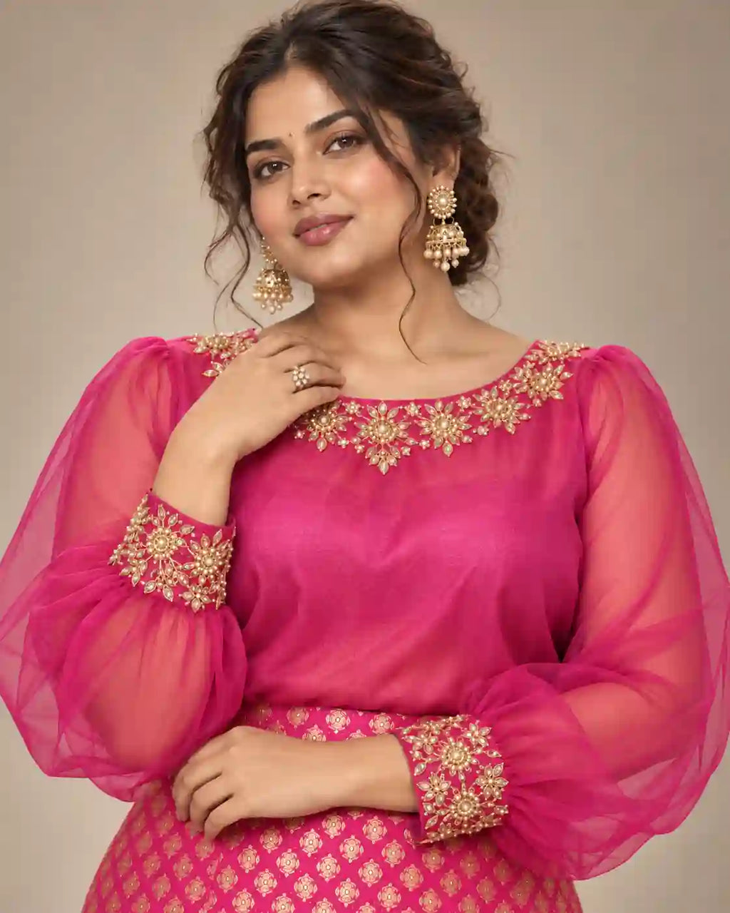ZAARINI — Pink Organza Shirt & Jamavar Brocade Skirt Set