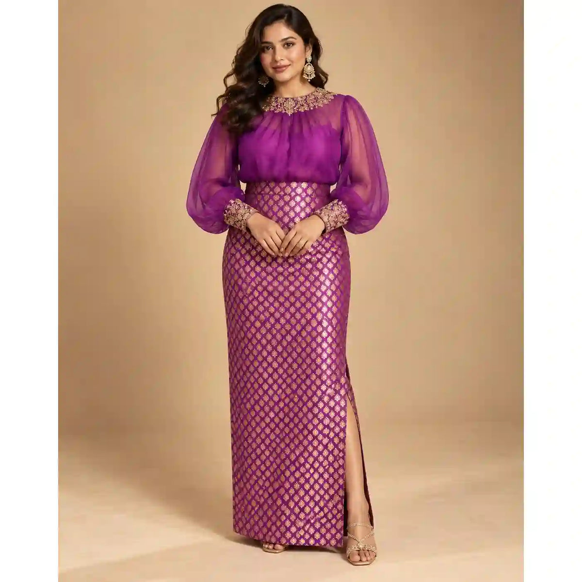 ZAARINI — Purple Organza Shirt & Jamavar Brocade Skirt Set
