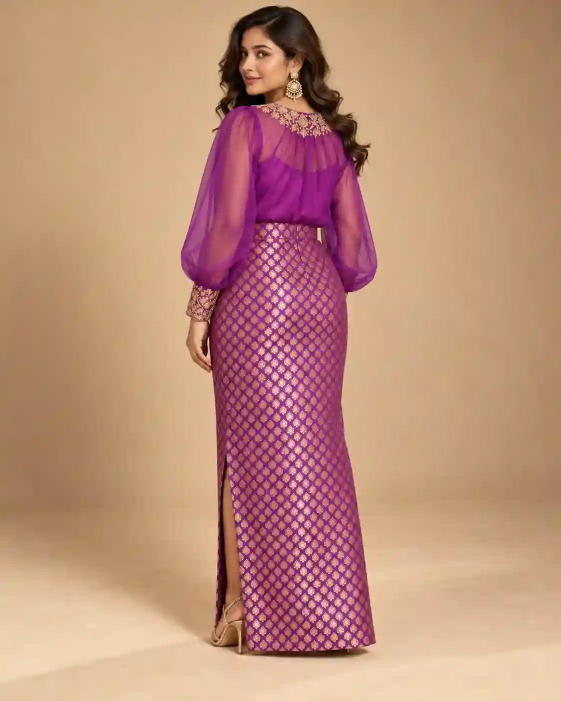 ZAARINI — Purple Organza Shirt & Jamavar Brocade Skirt Set