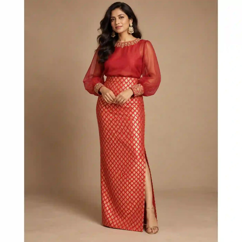 ZAARINI — Red Organza Shirt & Jamavar Brocade Skirt Set