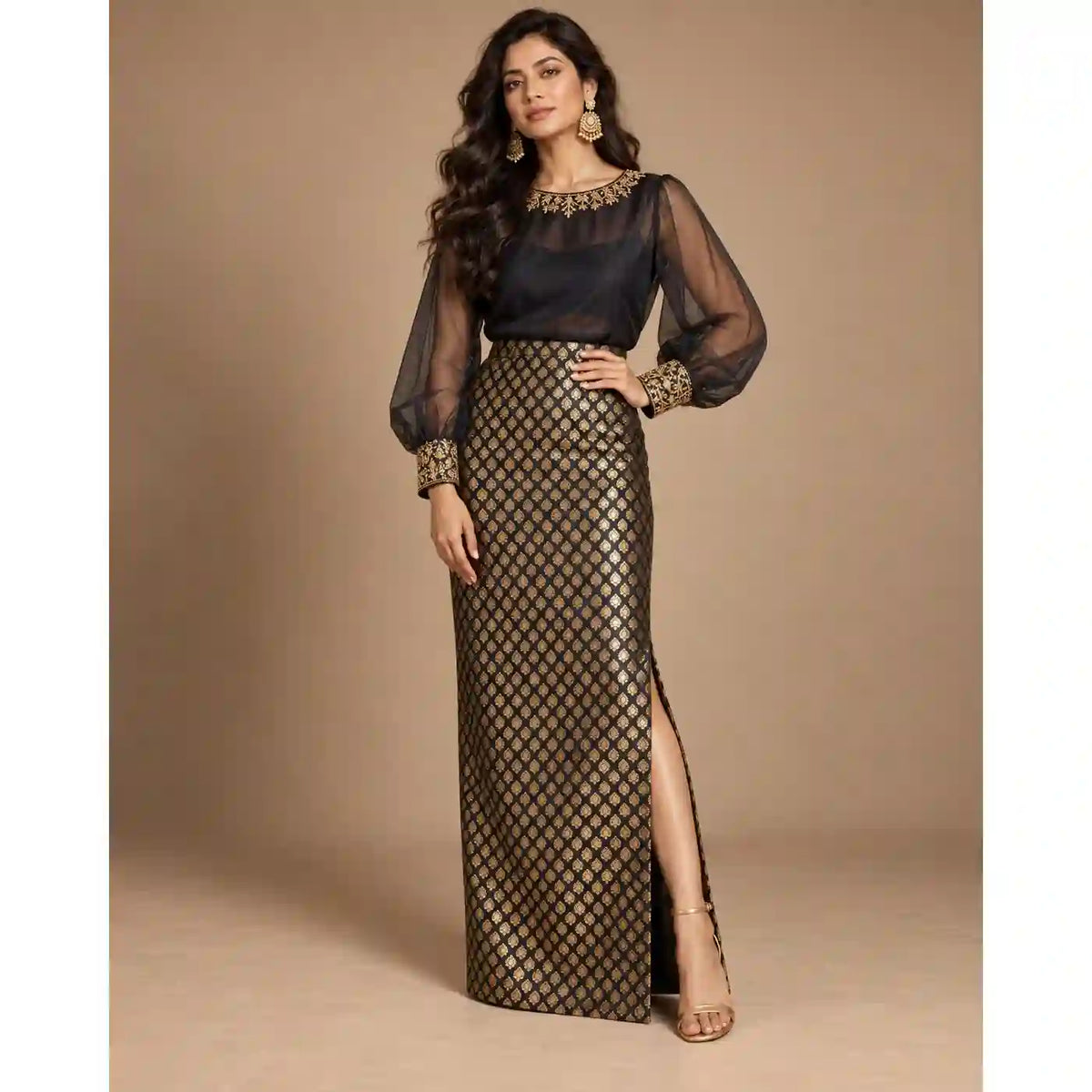 ZAARINI — Black Organza Shirt & Jamavar Brocade Skirt Set