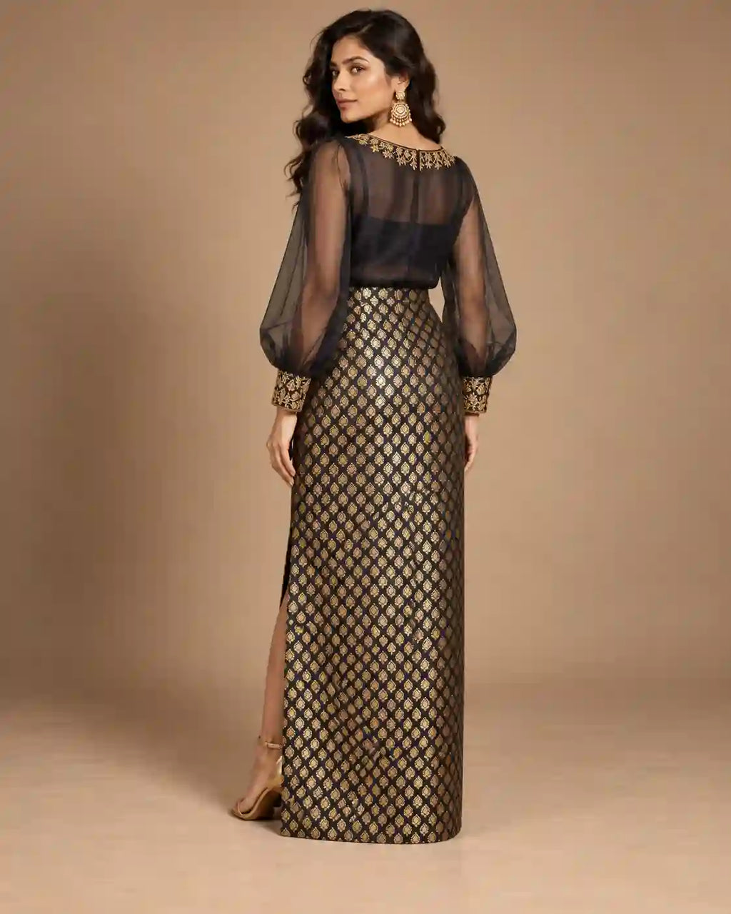 ZAARINI — Black Organza Shirt & Jamavar Brocade Skirt Set