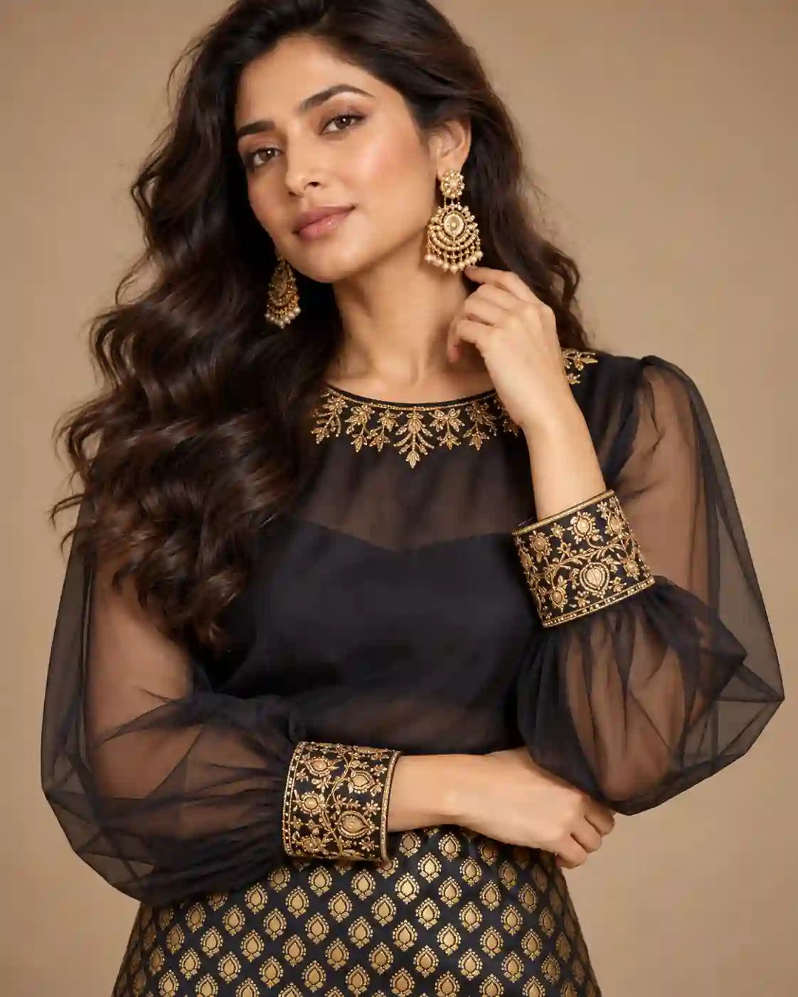 ZAARINI — Black Organza Shirt & Jamavar Brocade Skirt Set