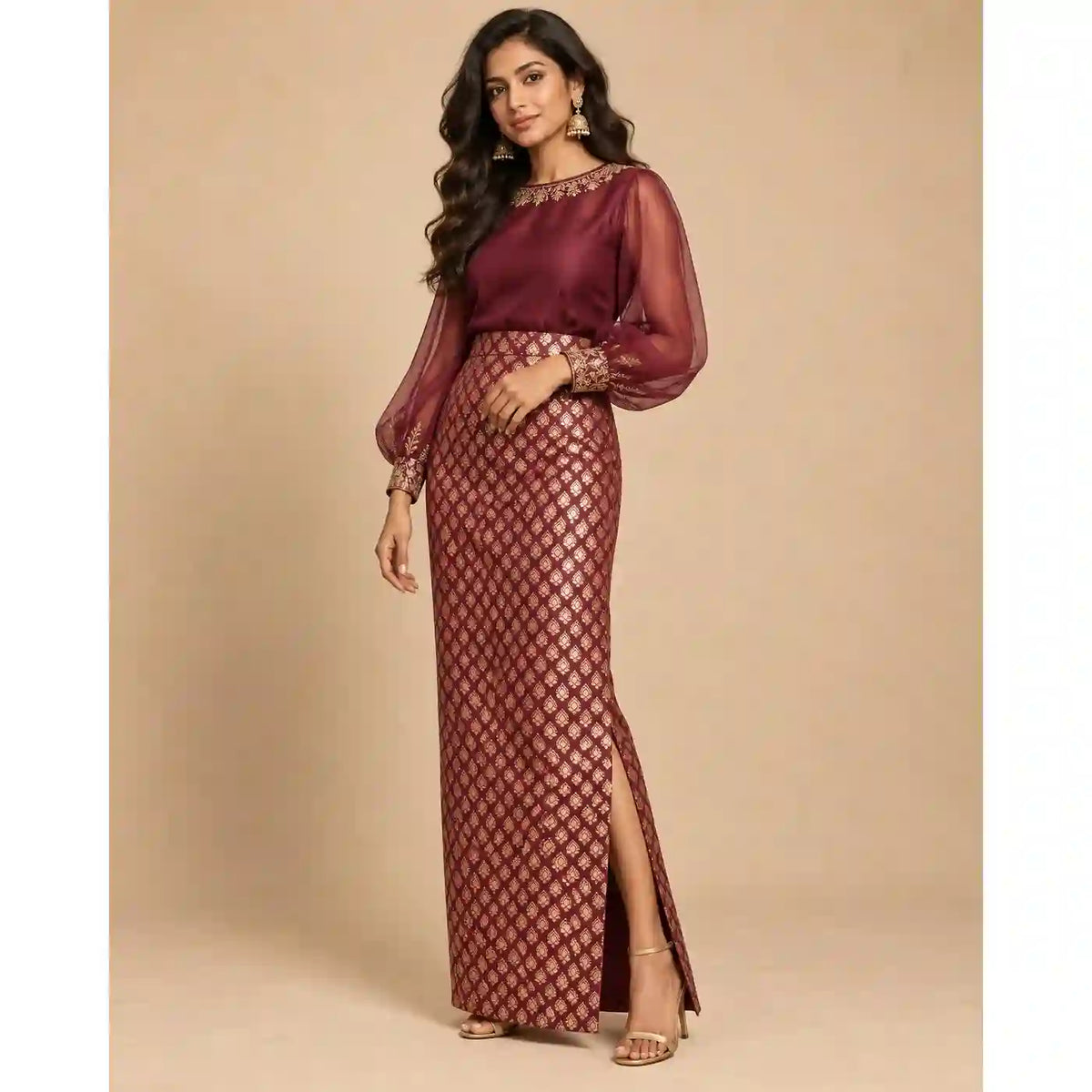 ZAARINI — Wine Organza Shirt & Jamavar Brocade Skirt Set