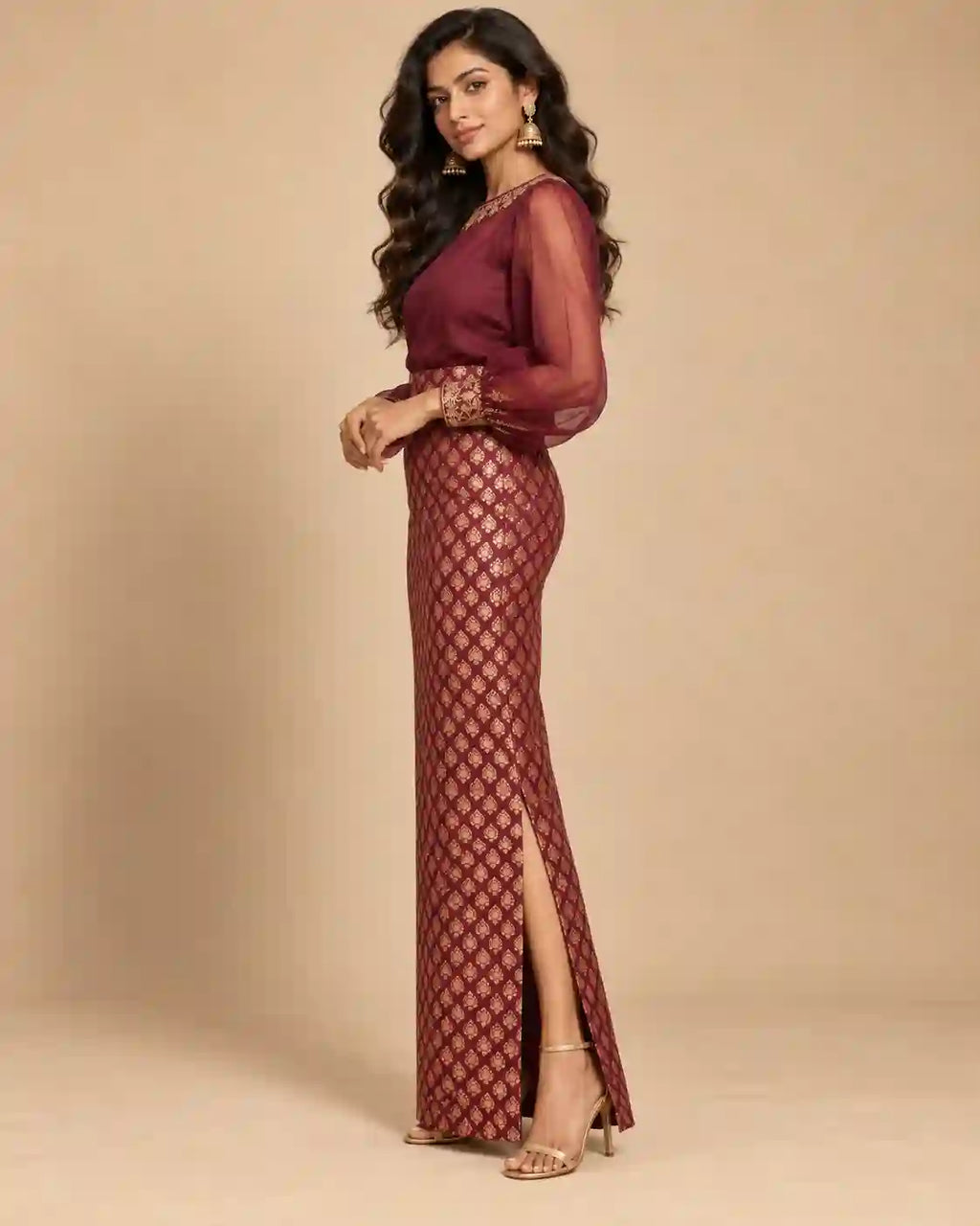ZAARINI — Wine Organza Shirt & Jamavar Brocade Skirt Set