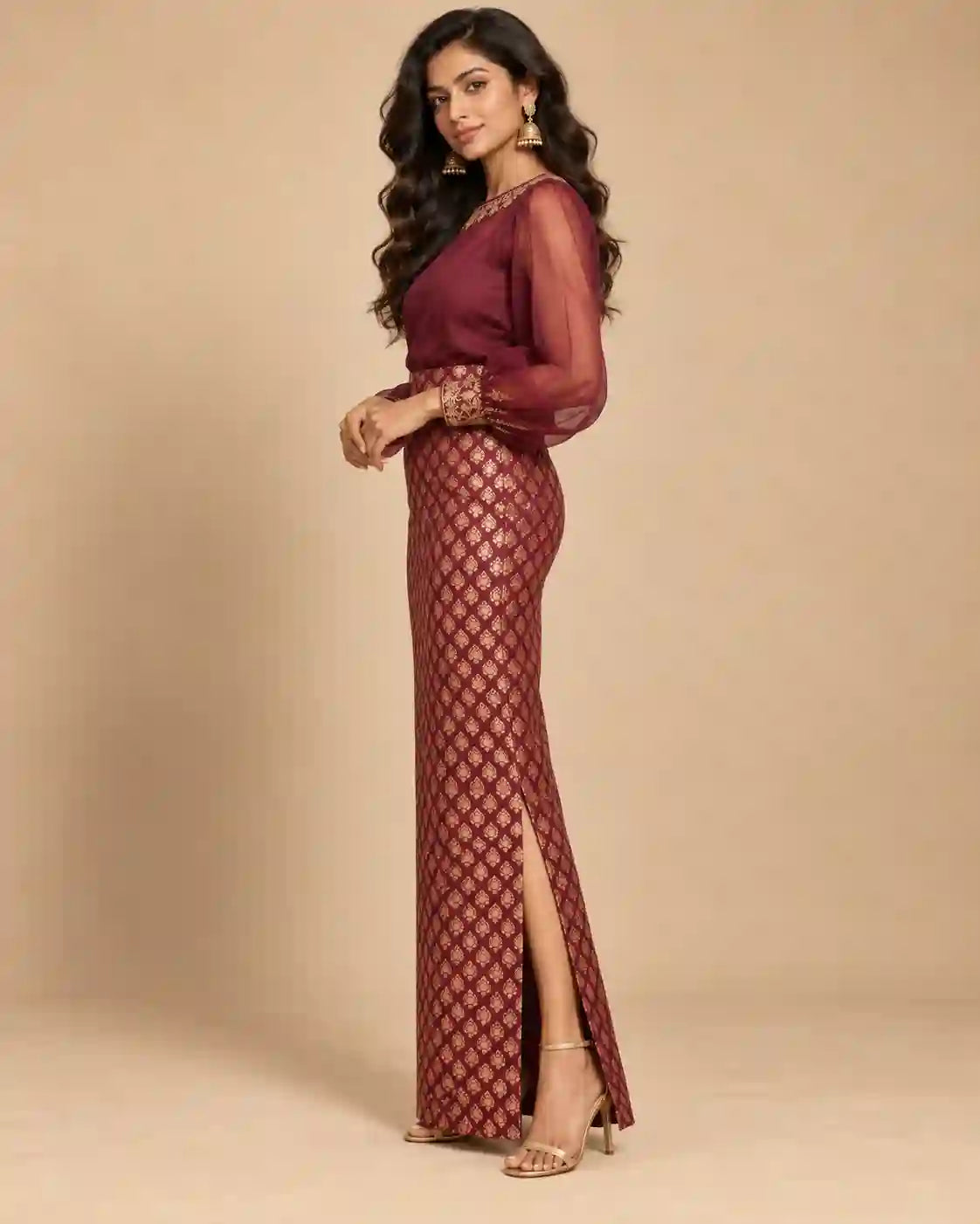 ZAARINI — Wine Organza Shirt & Jamavar Brocade Skirt Set