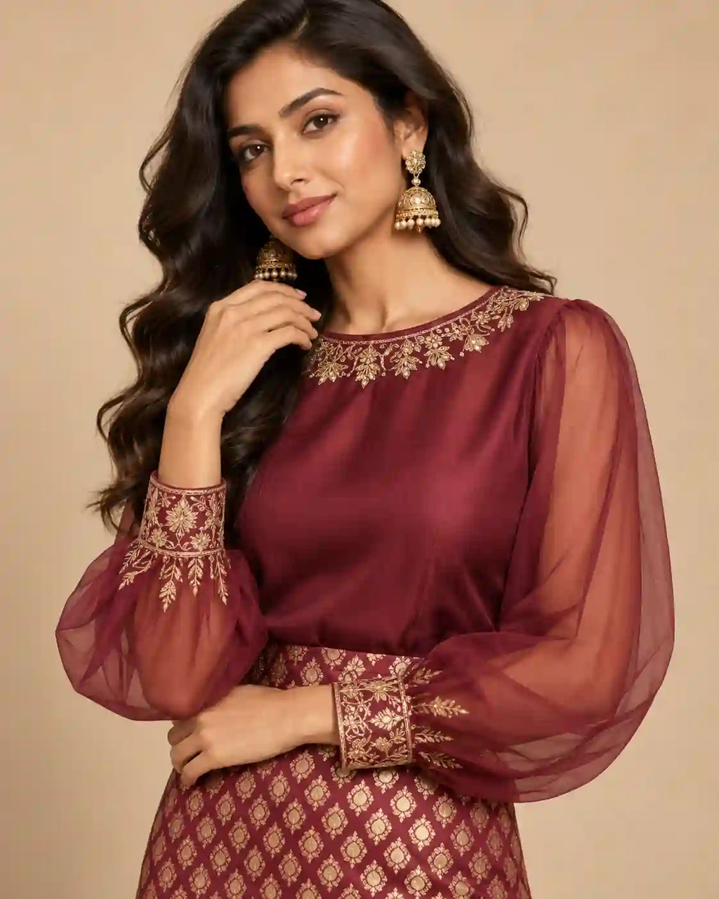 ZAARINI — Wine Organza Shirt & Jamavar Brocade Skirt Set