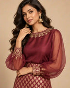 ZAARINI — Wine Organza Shirt & Jamavar Brocade Skirt Set — thumbnail 2