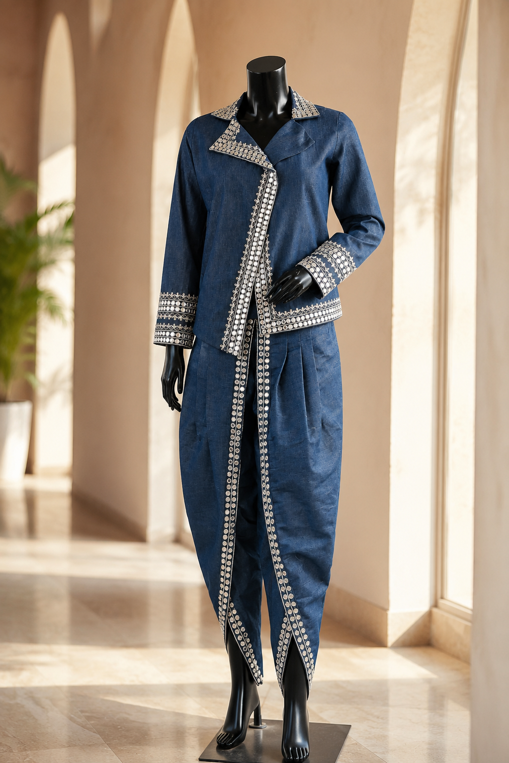 Blue Denim Top-Dhoti Set