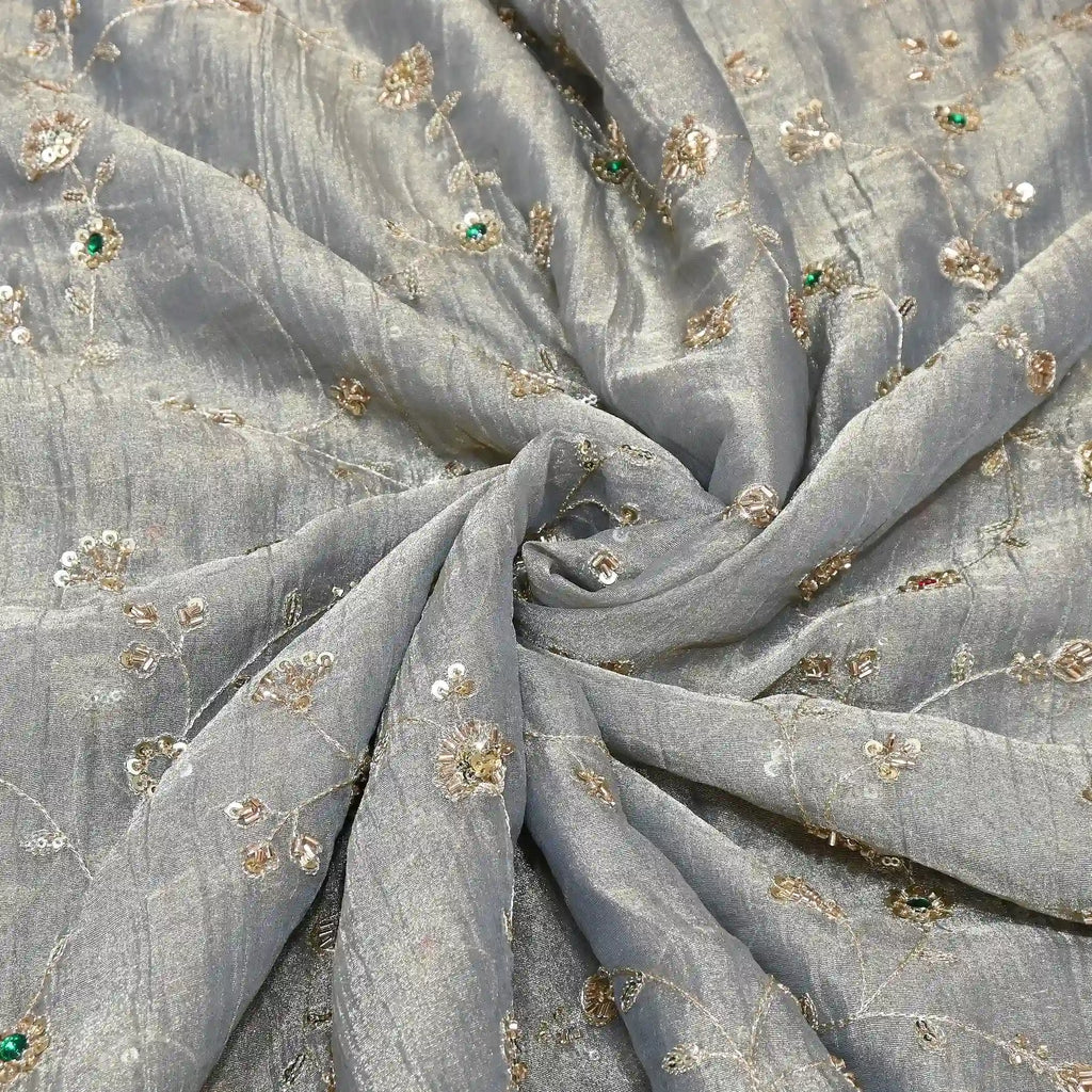 IRAAYA — Silver Grey Crushed Tissue Silk Kurta & Tulip Dhoti Set