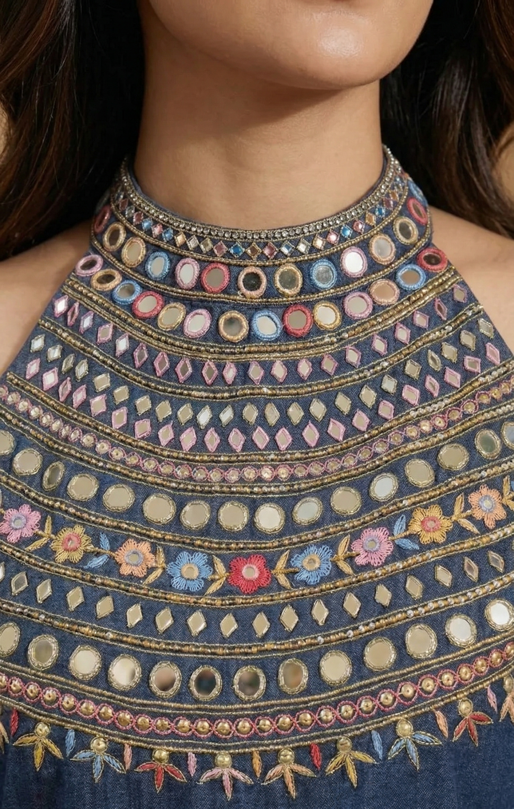 Blue Denim Jumpsuit with Mirror Work