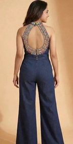 Blue Denim Jumpsuit with Mirror Work