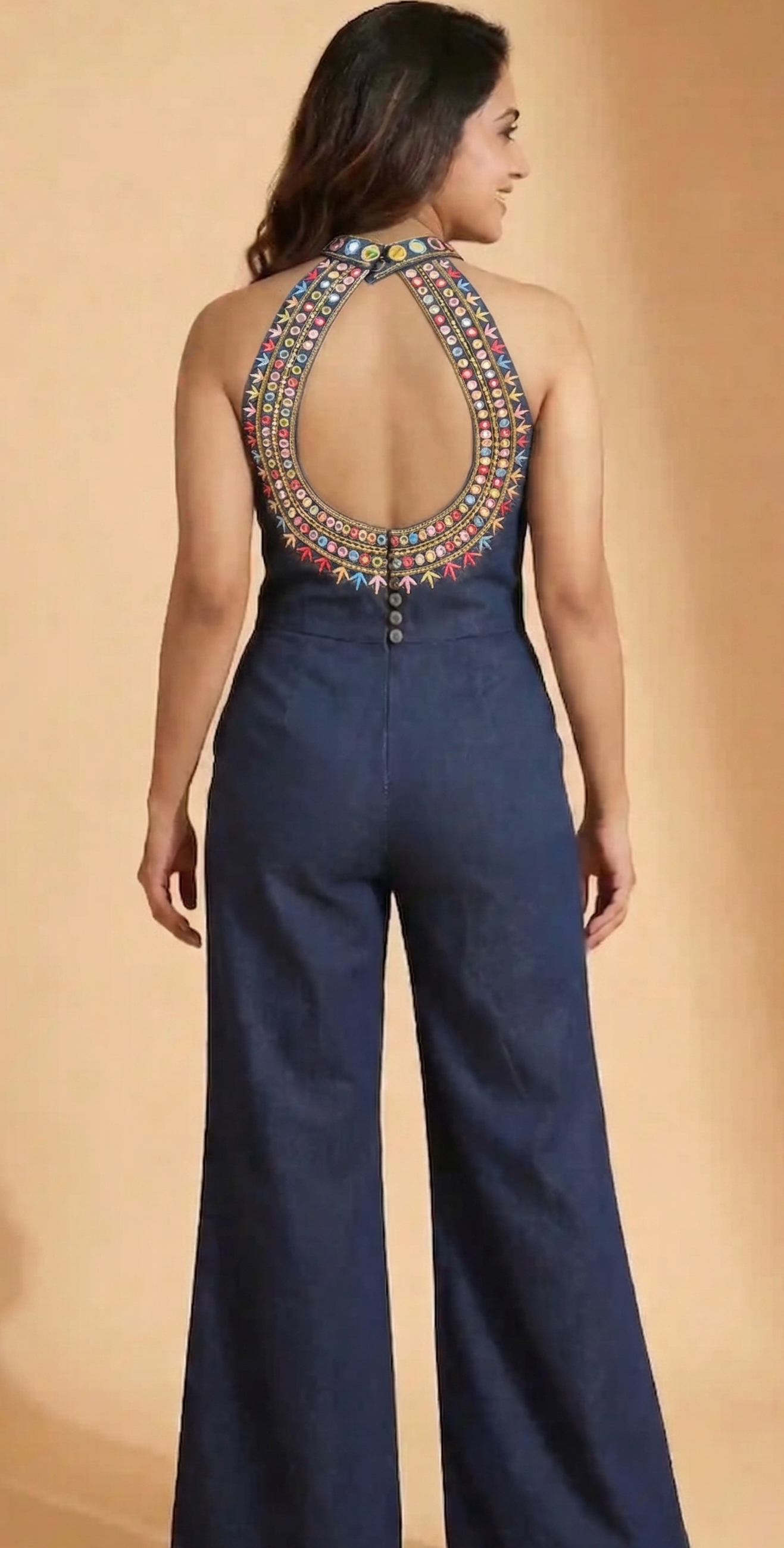 Blue Denim Jumpsuit with Mirror Work
