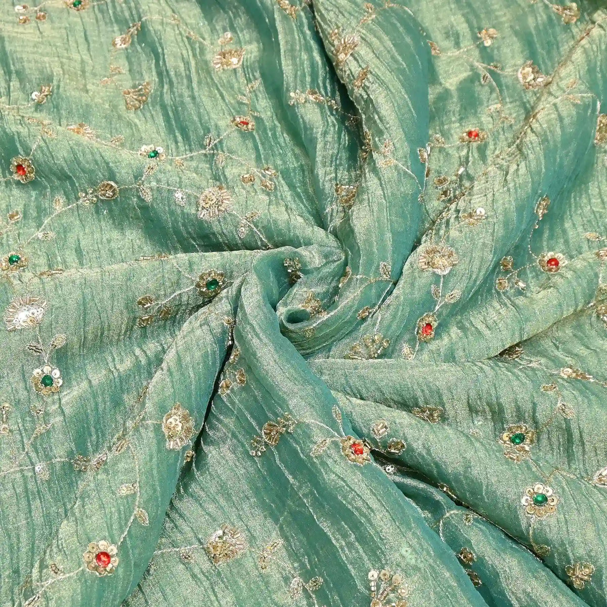 IRAAYA — Sage Green Crushed Tissue Silk Kurta & Tulip Dhoti Set