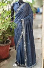 Denim Mirror Work Saree with Blouse