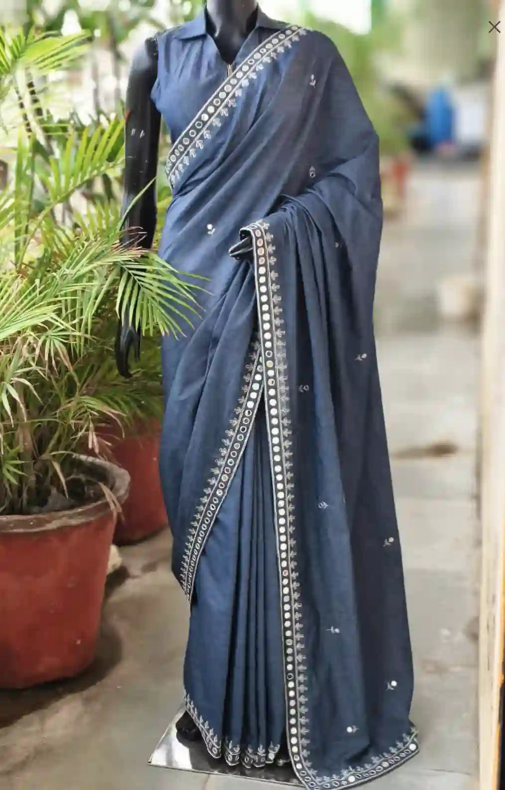 Denim Mirror Work Saree with Blouse