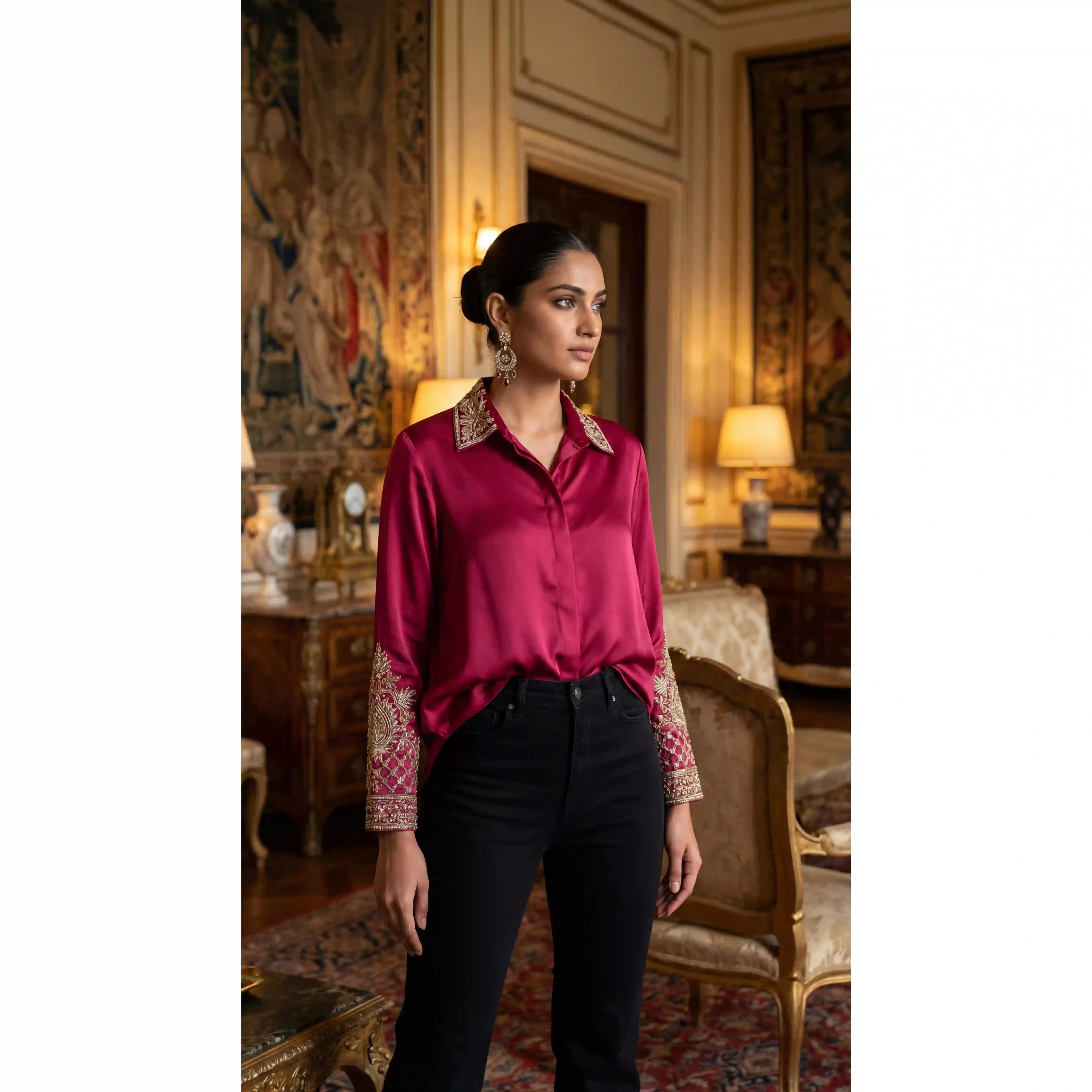 Pink Modal Silk Zardosi Work Shirt