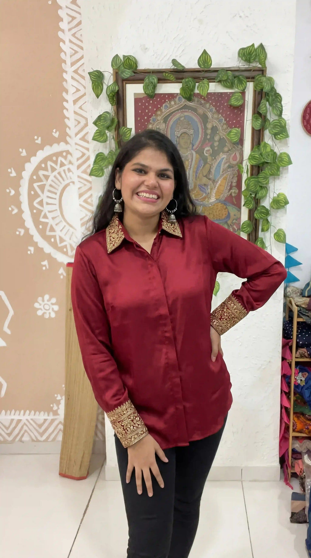 Red Modal Silk Zardosi Work Shirt