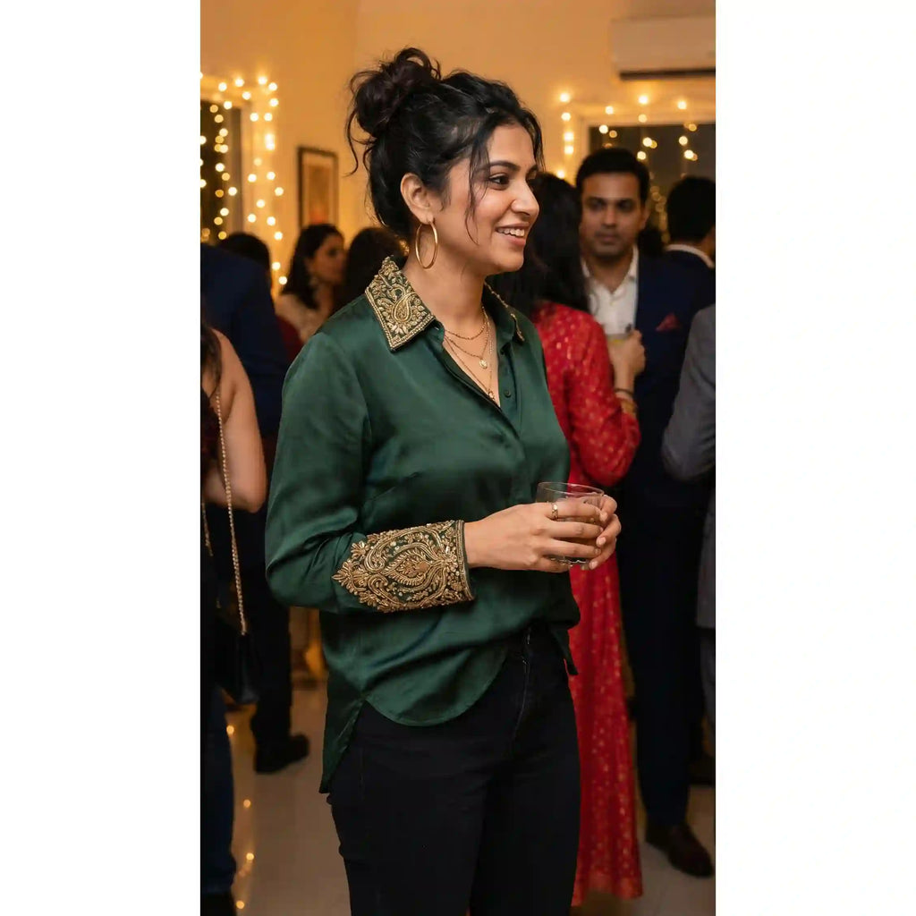 Green Modal Silk Zardosi Work Shirt