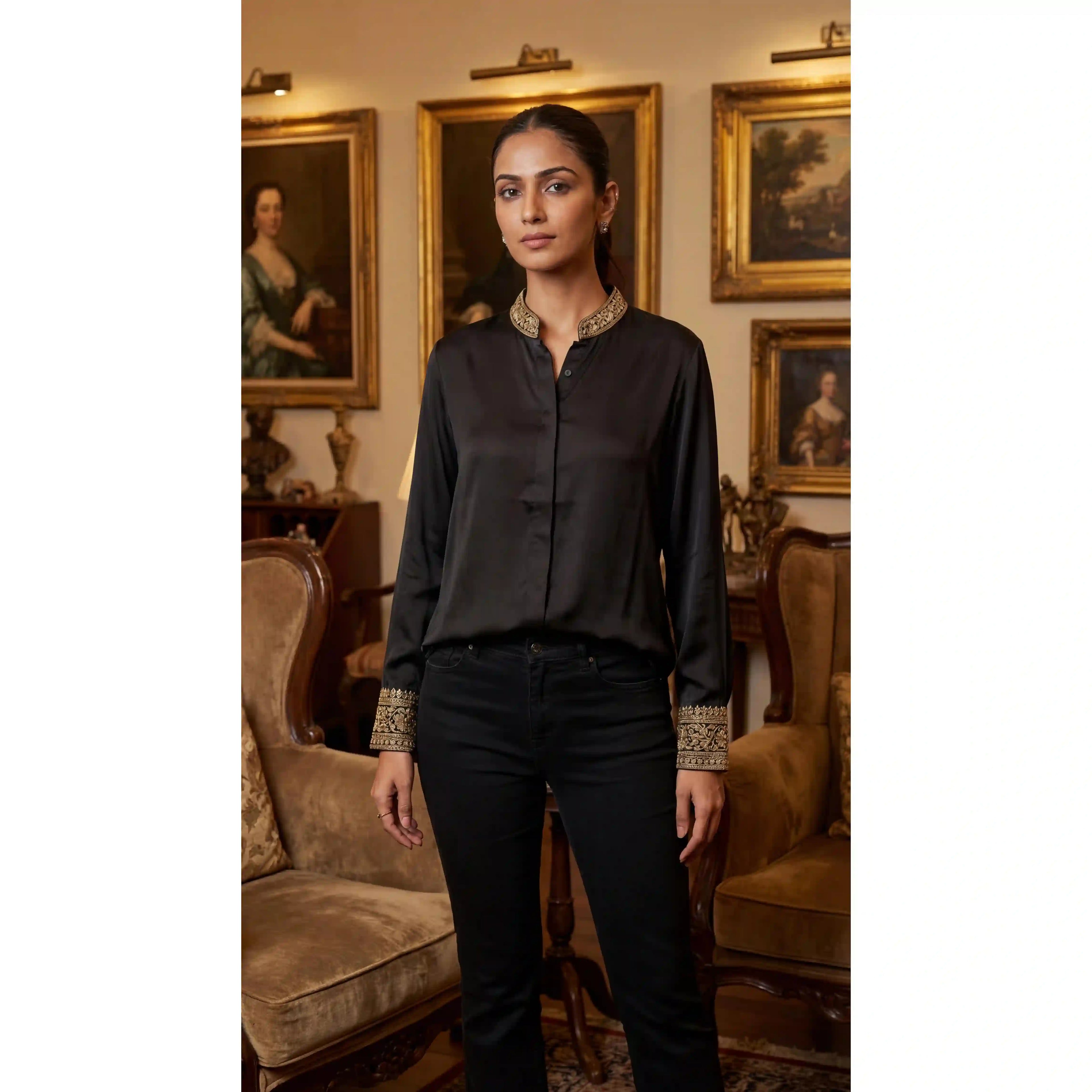 Black Modal Silk Zardosi Work Shirt