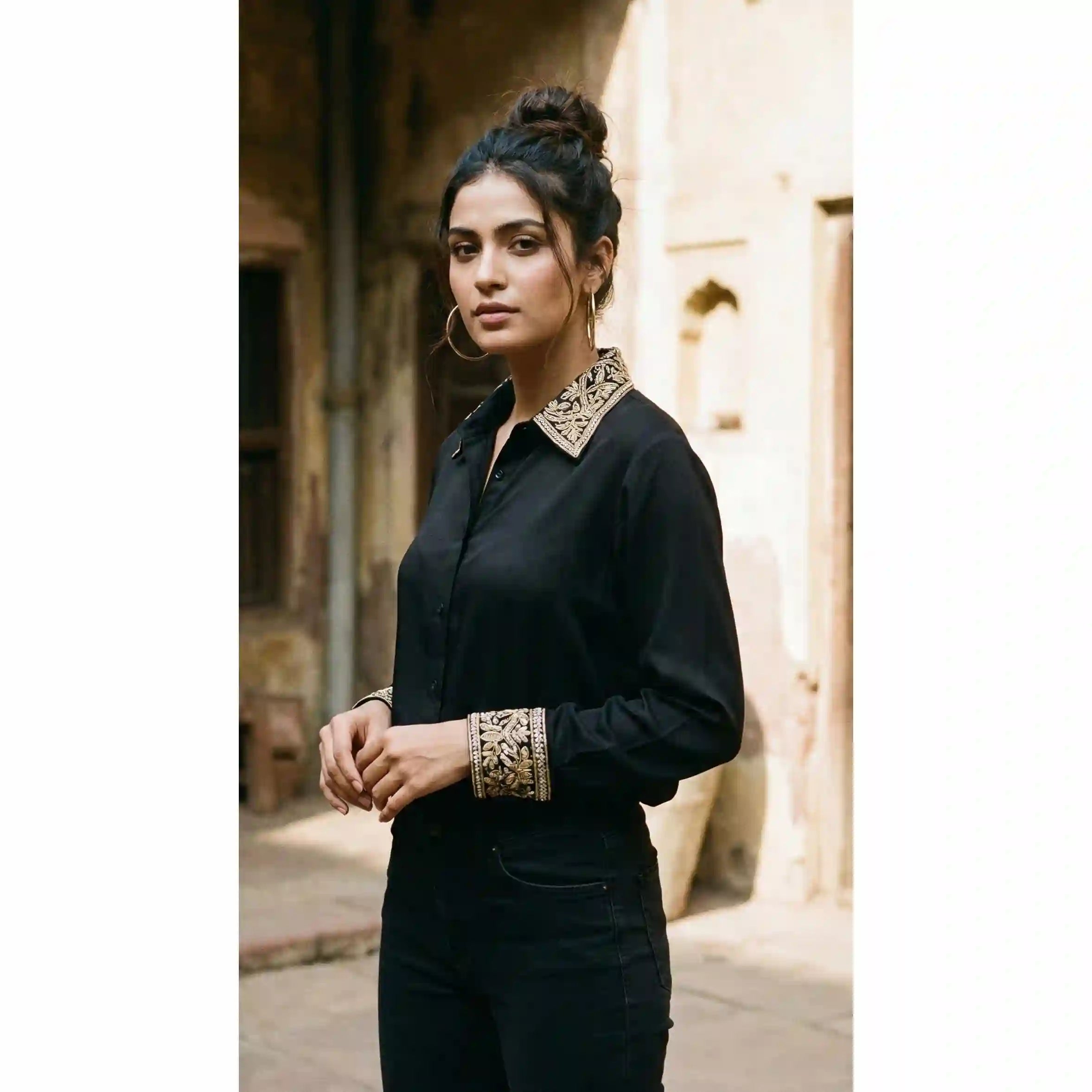 Black Modal Silk Zardosi Work Shirt