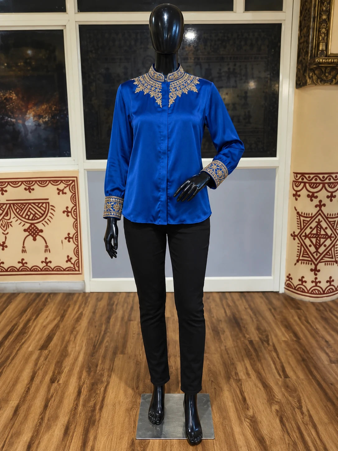 Blue Modal Silk Zardosi Work Shirt — digitally created mannequin view in Swarna’s office, based on the product photographs