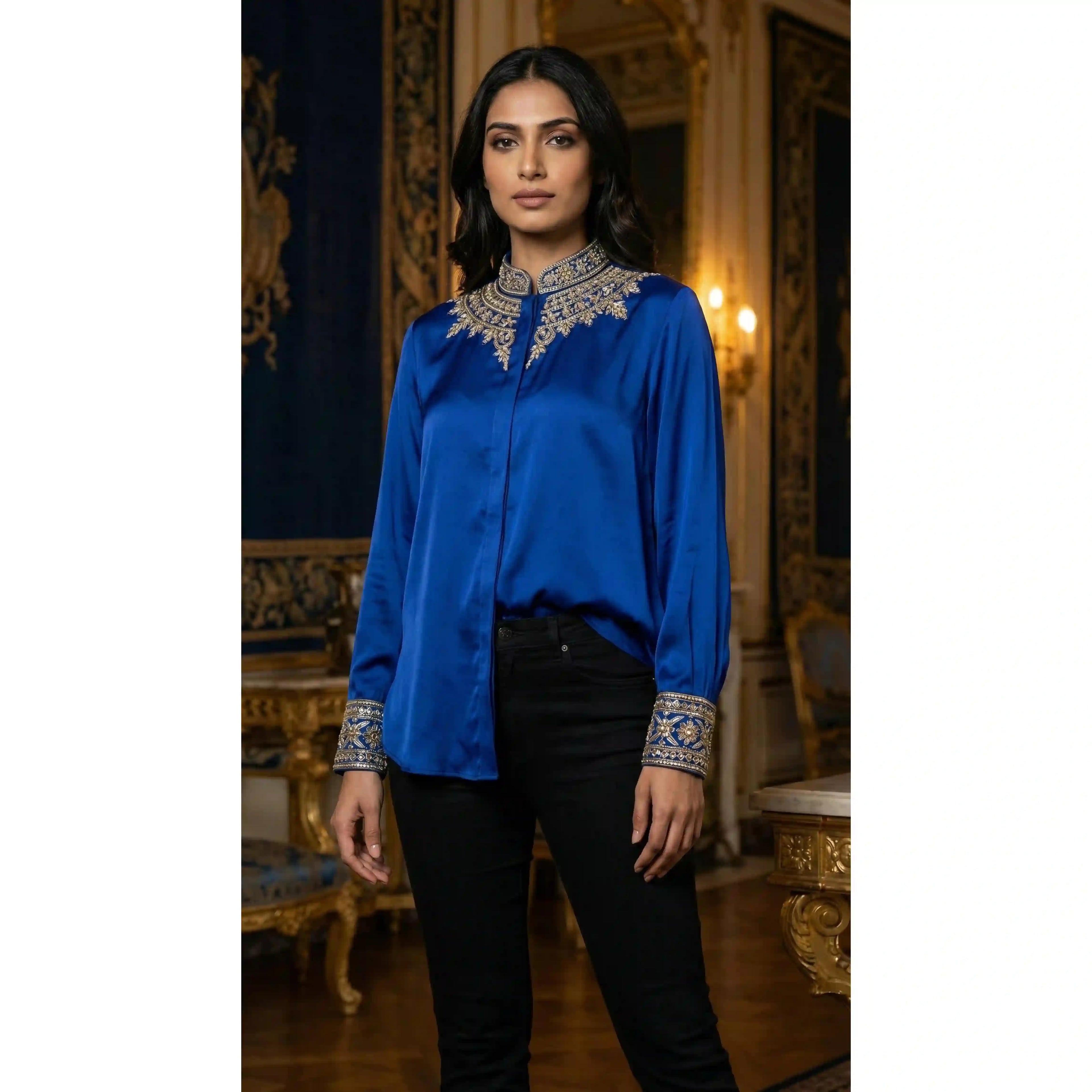 Blue Modal Silk Zardosi Work Shirt