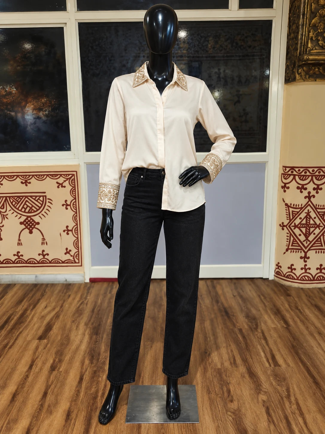 Off White Modal Silk Zardosi Work Shirt — digitally created mannequin view in Swarna’s office, based on the product photographs