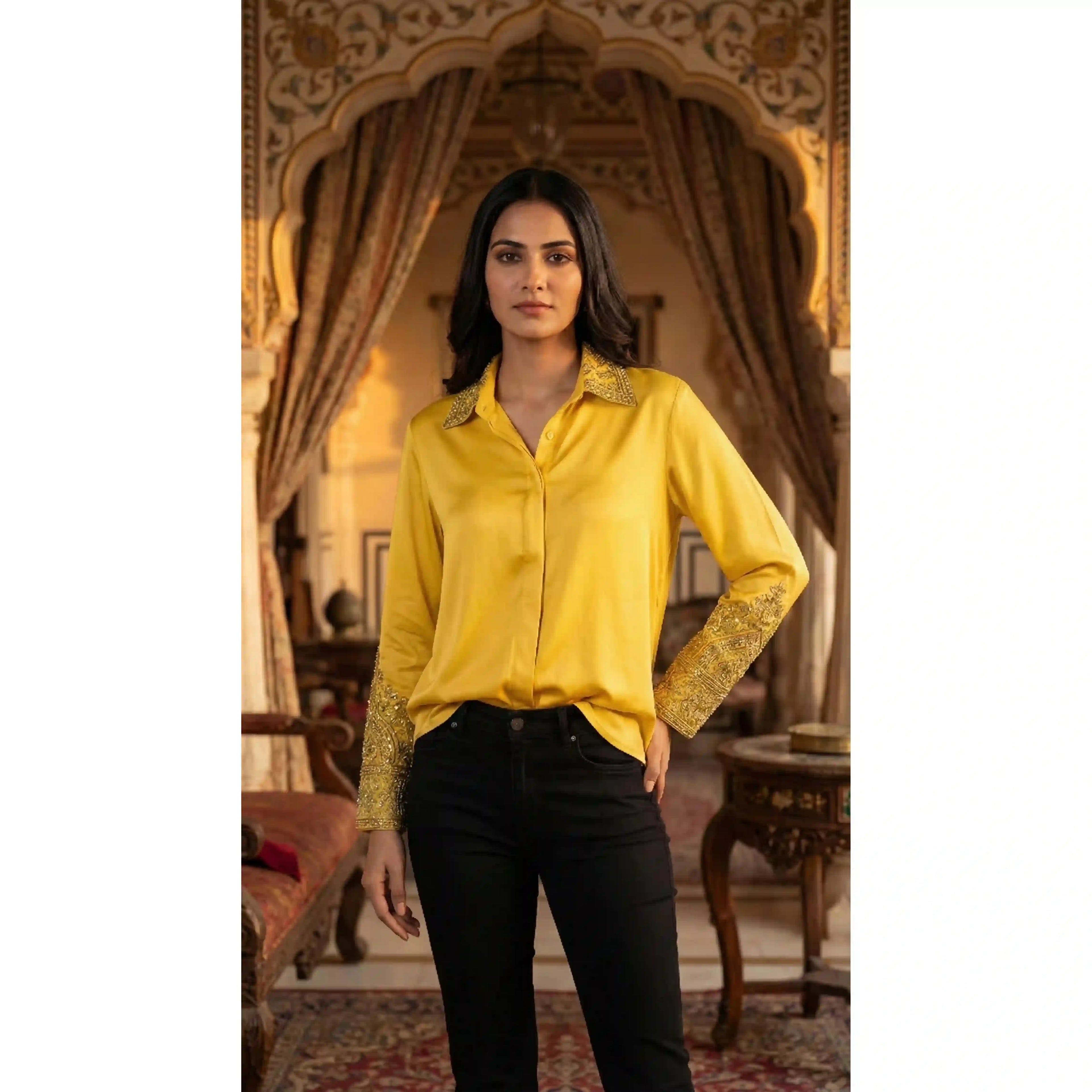 Yellow Modal Silk Zardosi Work Shirt