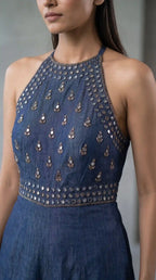 Blue Denim Mirror Work Halter Neck Jumpsuit