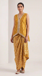 AVIRA — Mustard Yellow Mirror Work Koti & Brocade Draped Skirt Set — thumbnail 3