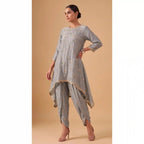 IRAAYA — Silver Grey Crushed Tissue Silk Kurta & Tulip Dhoti Set — thumbnail 1