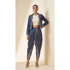 Blue Denim Jacket-Dhoti and Crop top Set