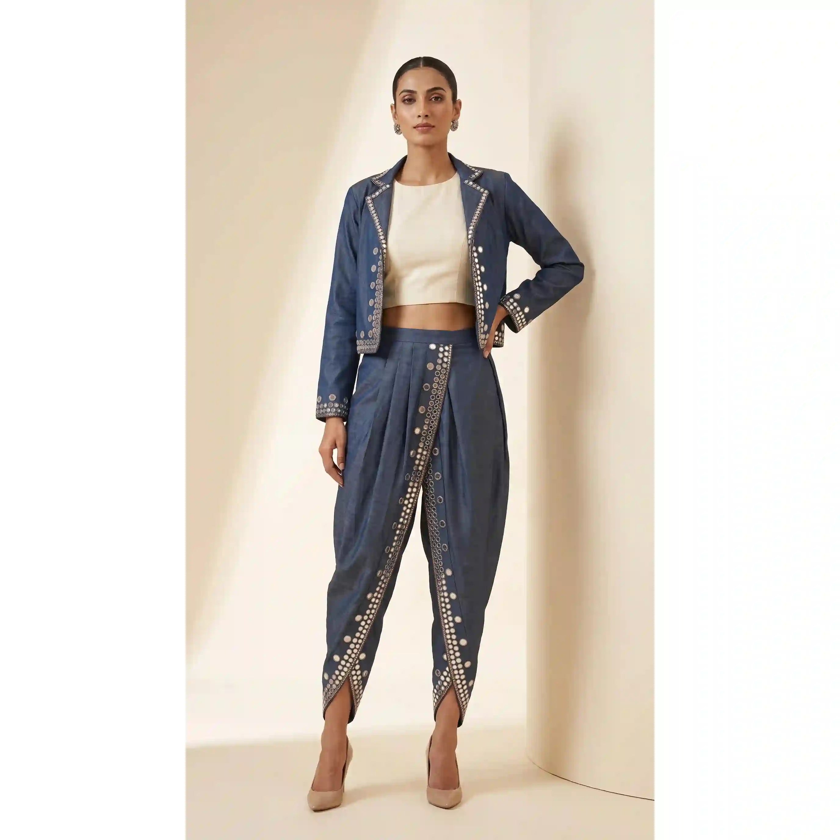 Blue Denim Jacket-Dhoti and Crop top Set