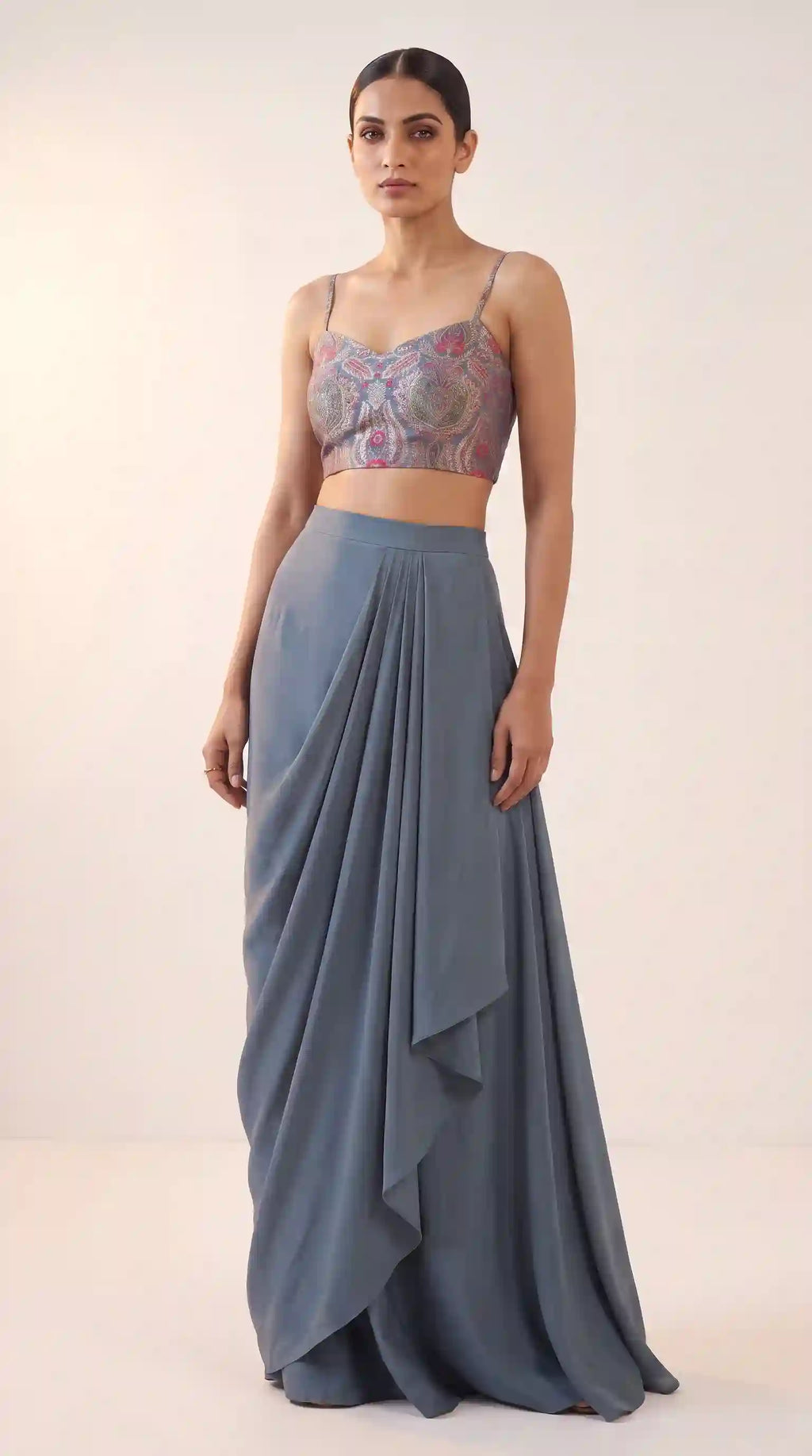 ZAIRA — Slate Blue Banarasi Brocade Blazer & Draped Skirt Set