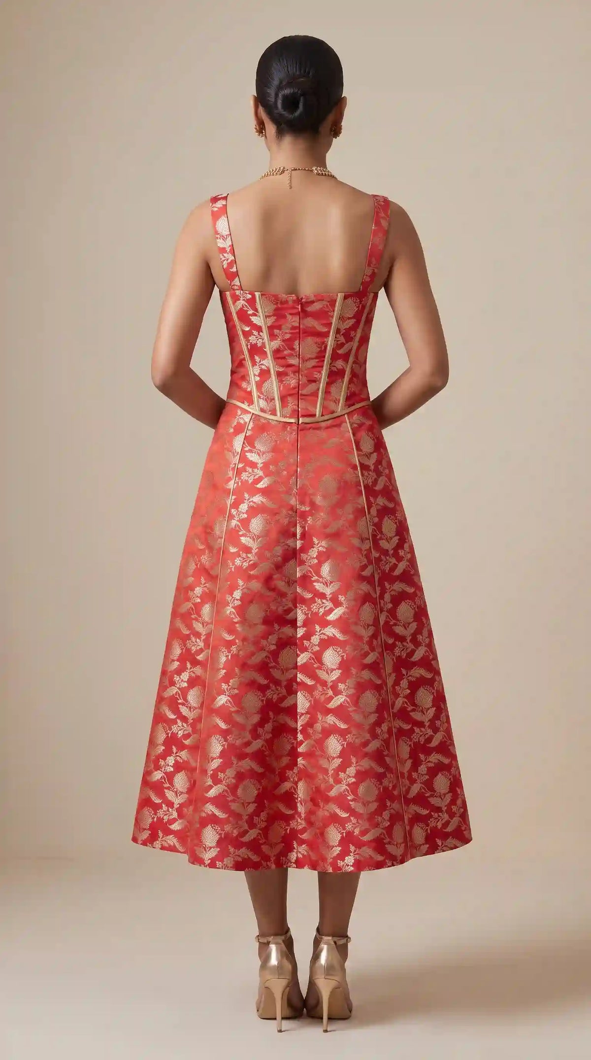 Vermilion Red Chanderi Brocade Corset Midi Dress