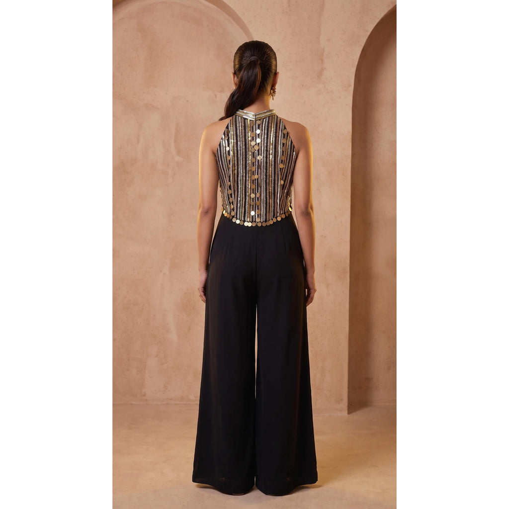 Black Modal Silk Jumpsuit with Embroidery