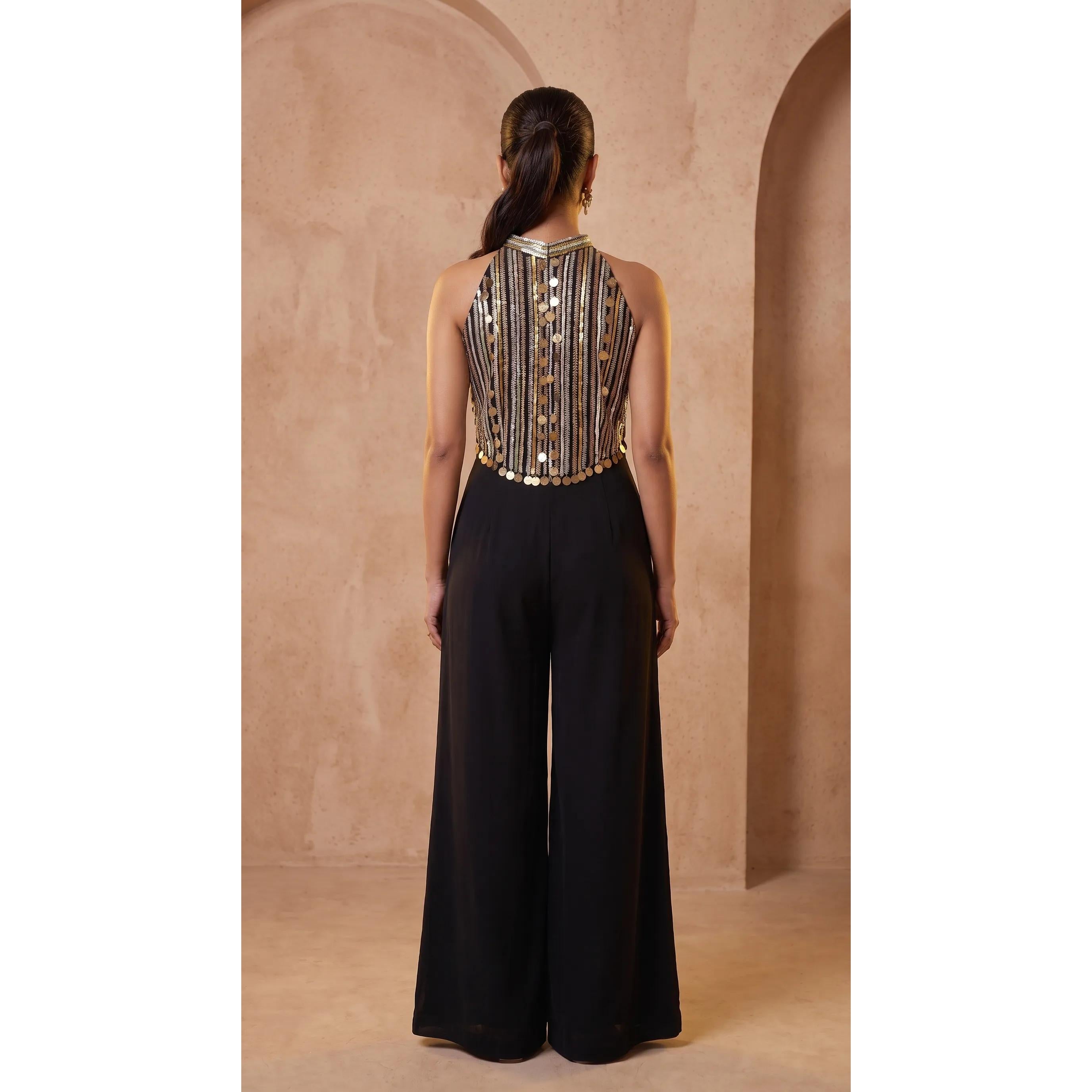 Black Modal Silk Jumpsuit with Embroidery
