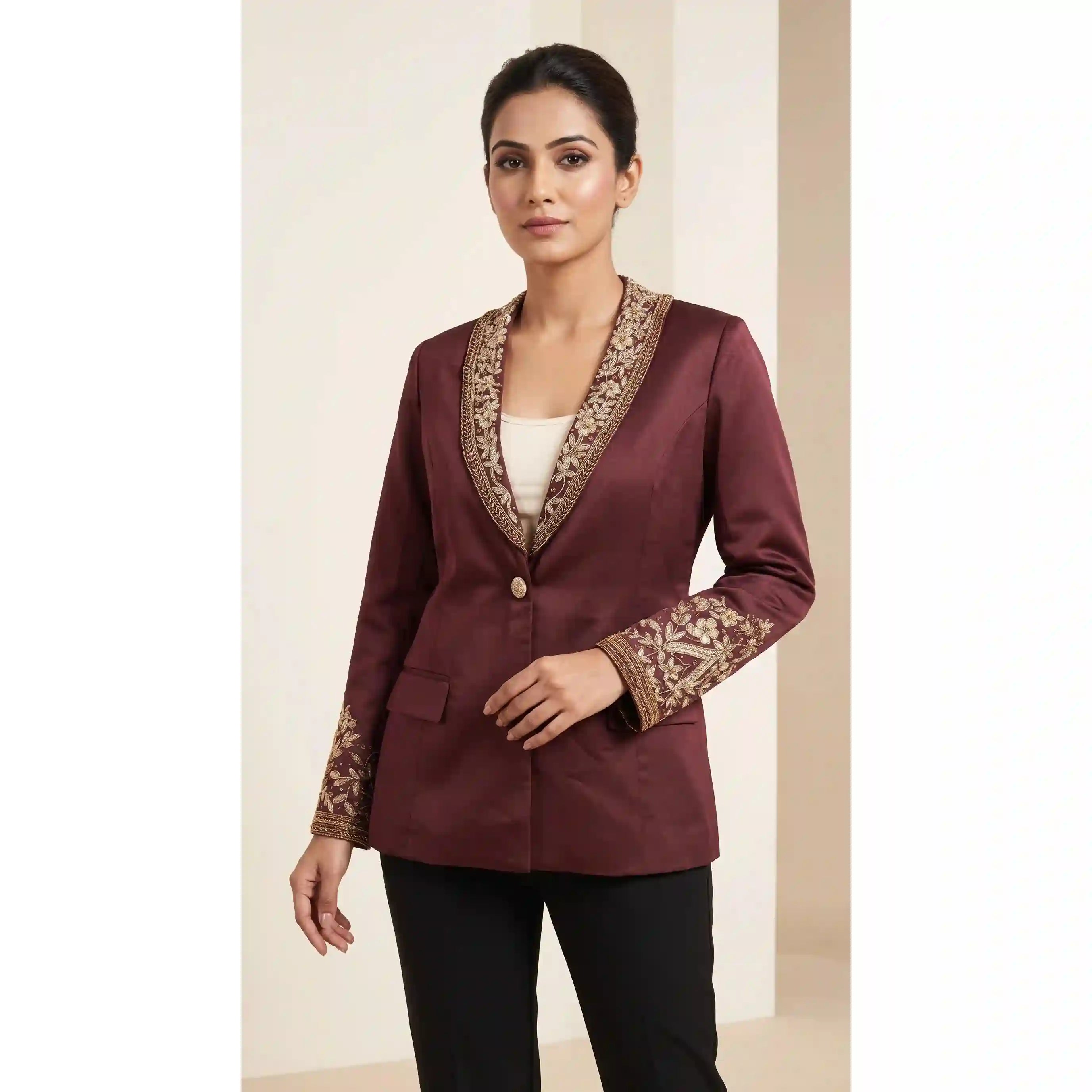 Brown Modal Silk Zardosi Work Blazer