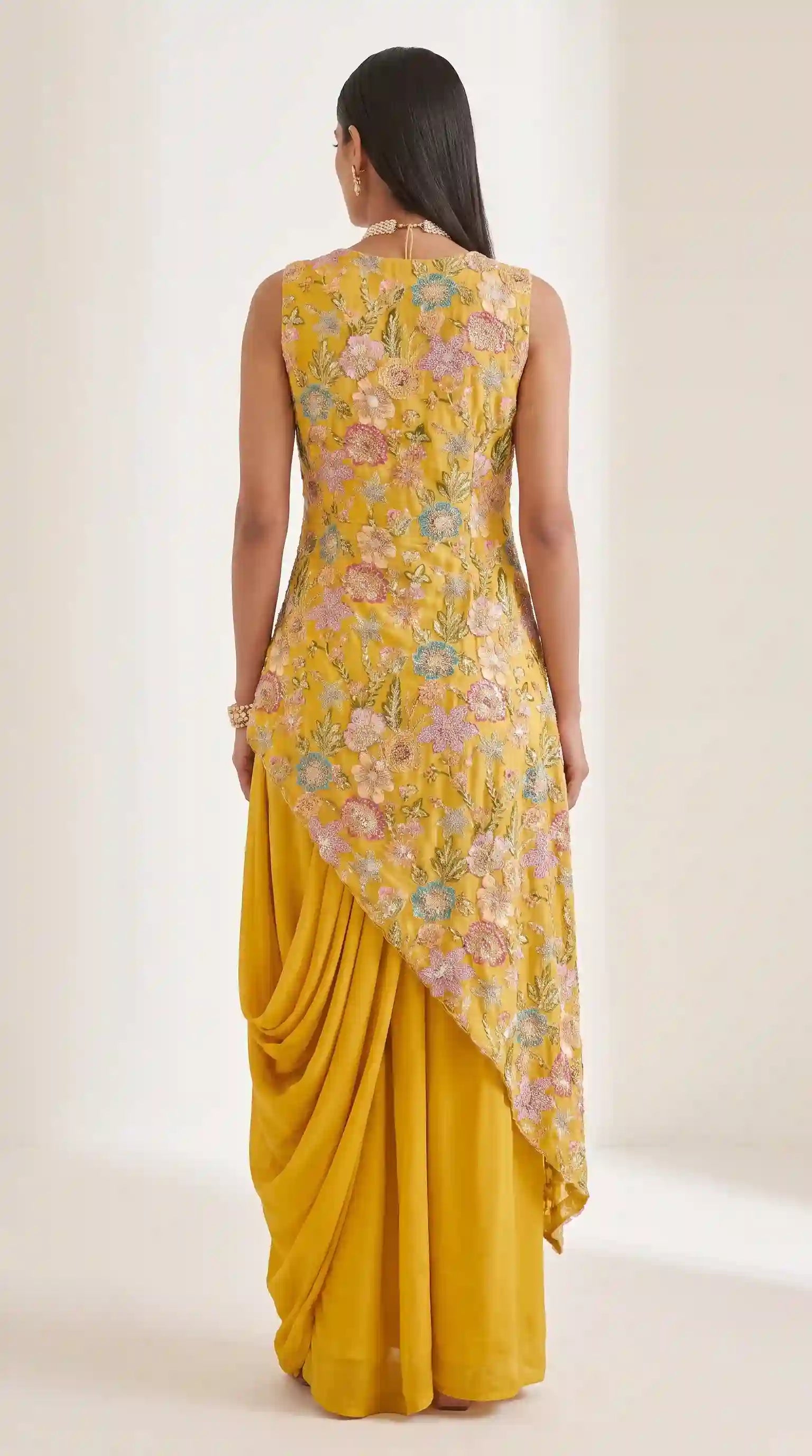 VEERA —Crepe Embroidered Asymmetrical Top & Draped Skirt Set