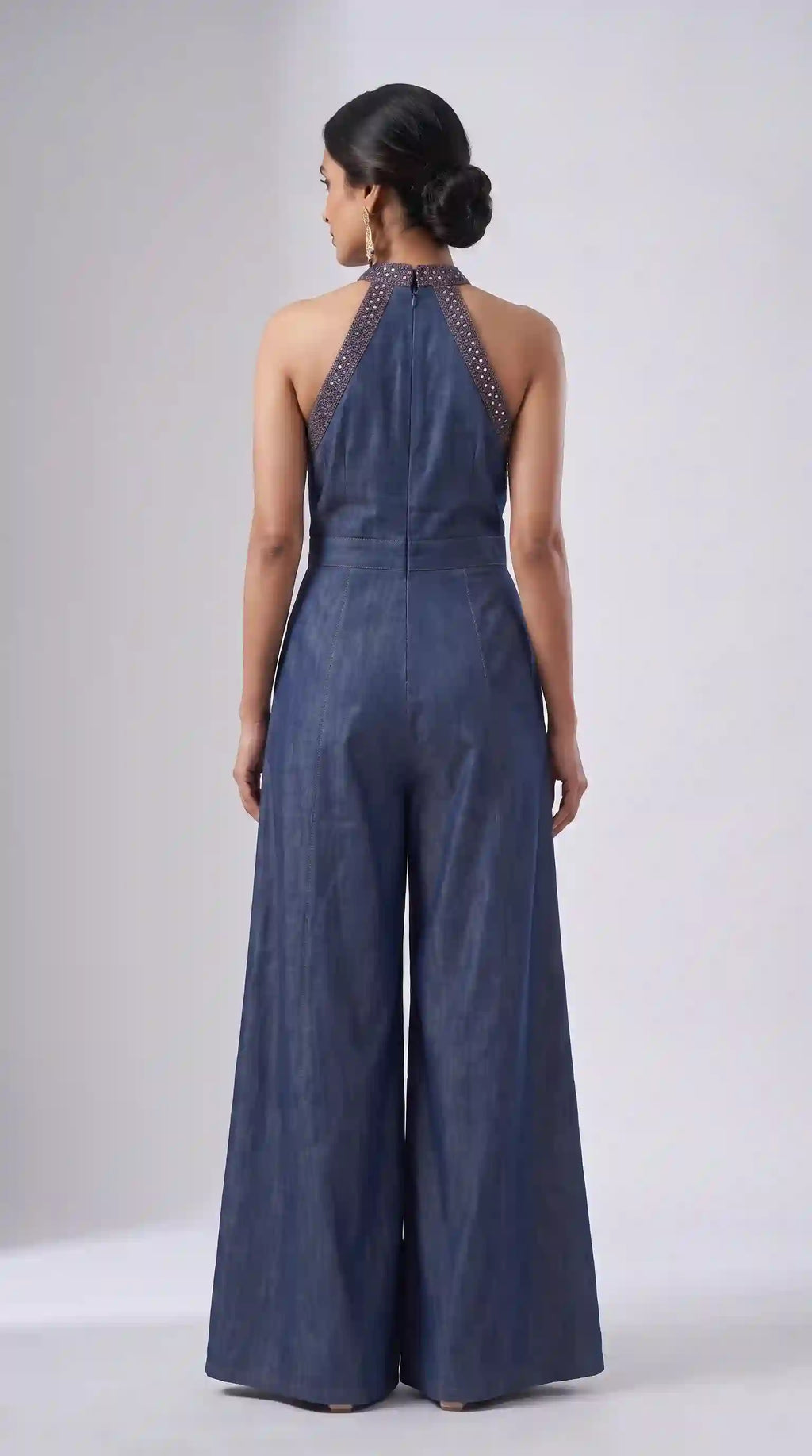 Blue Denim Mirror Work Halter Neck Jumpsuit